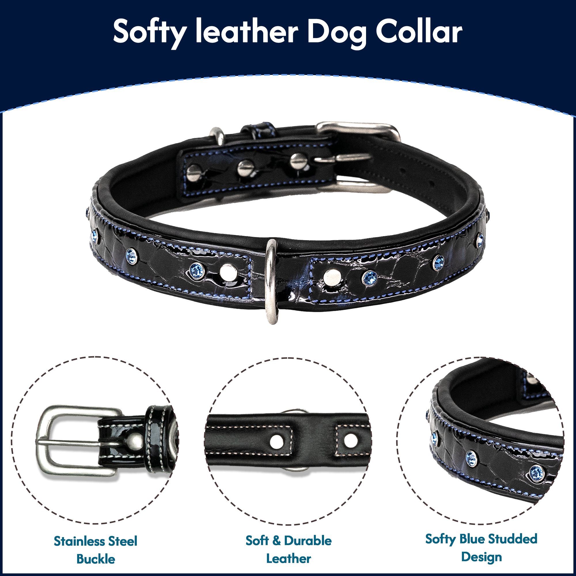 Adil’S Glossy Patent Leather Dog Collar – 1” Wide, Blue Crystal Studded, Classic Blue Stitch, Strong Metal Buckle & D-Ring, Adjustable Neck