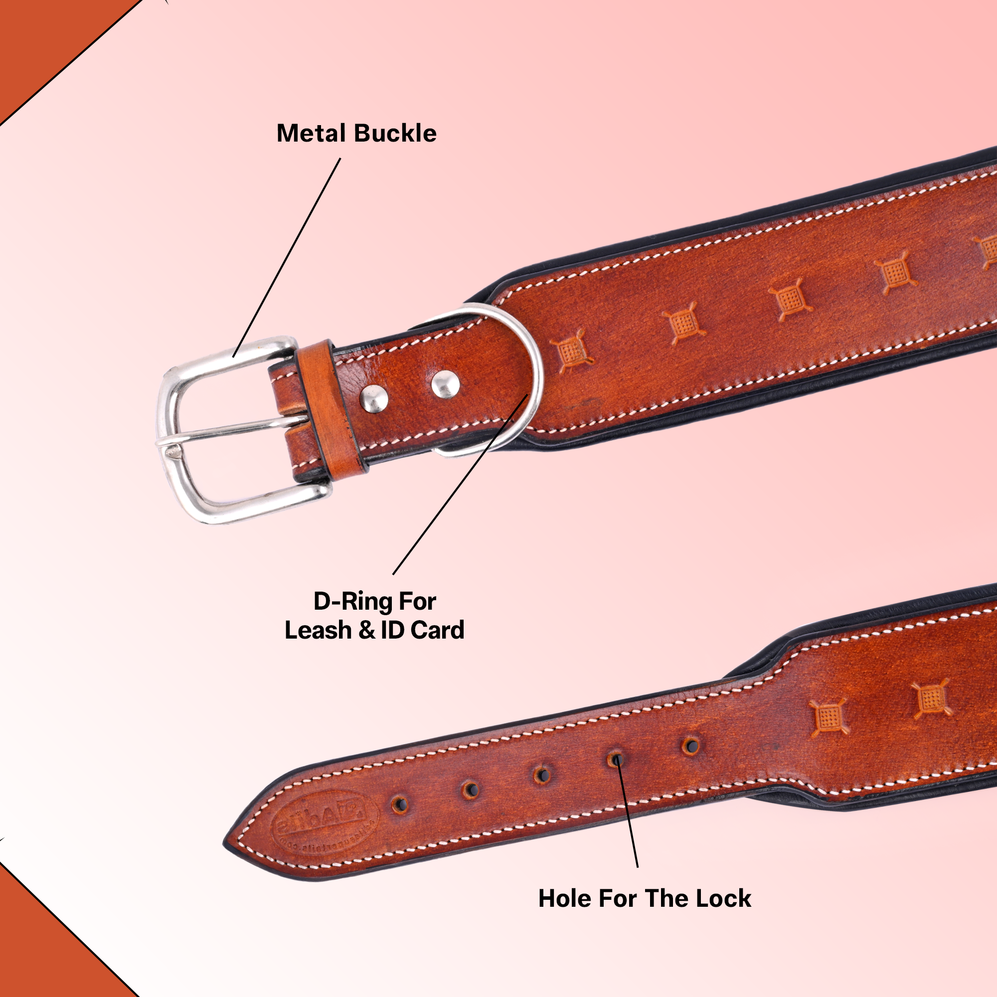 Handcrafted Leather Square Basket Tooled Dog Collar | With Adjustable Buckle