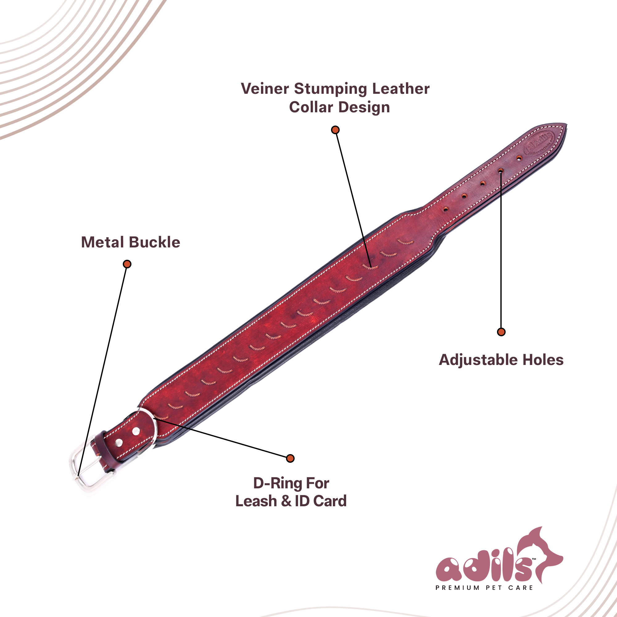 Adil's Leather Veiner Stumping Dog Collar | Heavy Duty Genuine Leather, Adjustable, 2.25 Inch Wide for Large Breeds