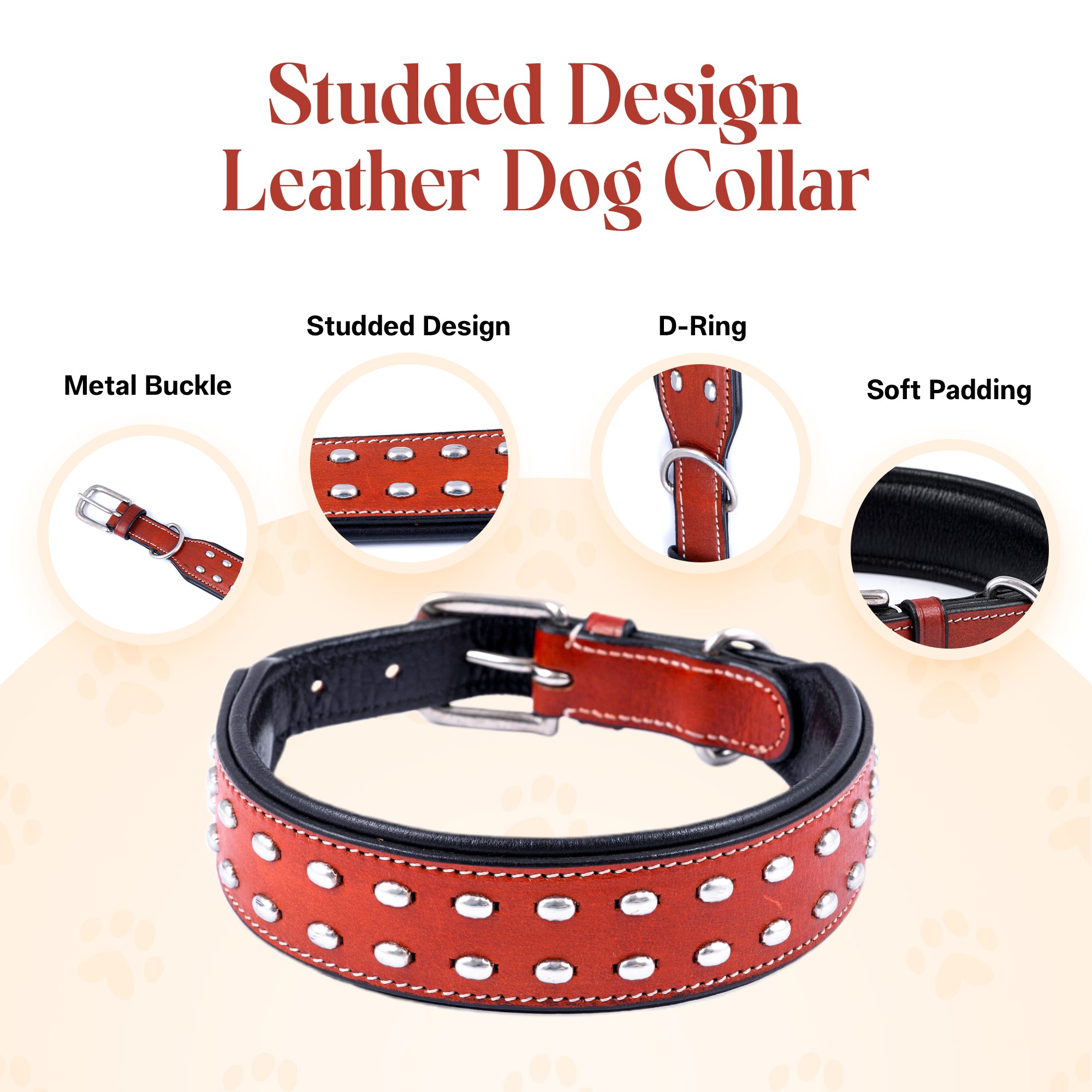 ADIL'S Studded Genuine Leather Dog Collar – Heavy-Duty, Padded, Adjustable 1.5" Width Dog Belt with D-Ring & Metal Buckle for Medium & Large Dogs
