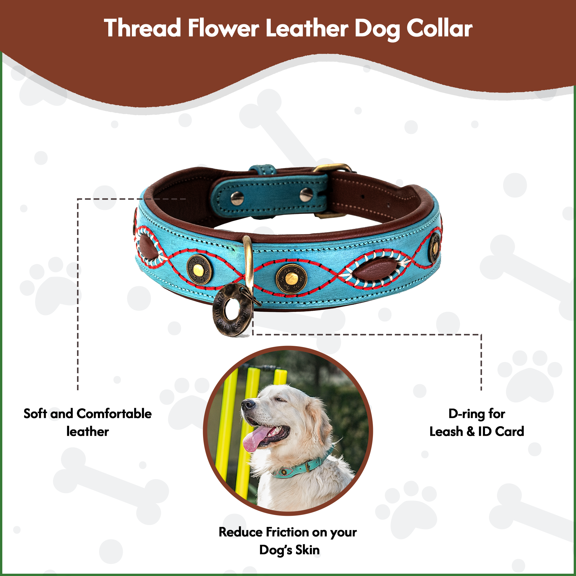 Coin Studded Leather Dog Collar – 1.5" wide, durable leather with premium stitching, metal buckle & D-ring. Fits small to large dogs.