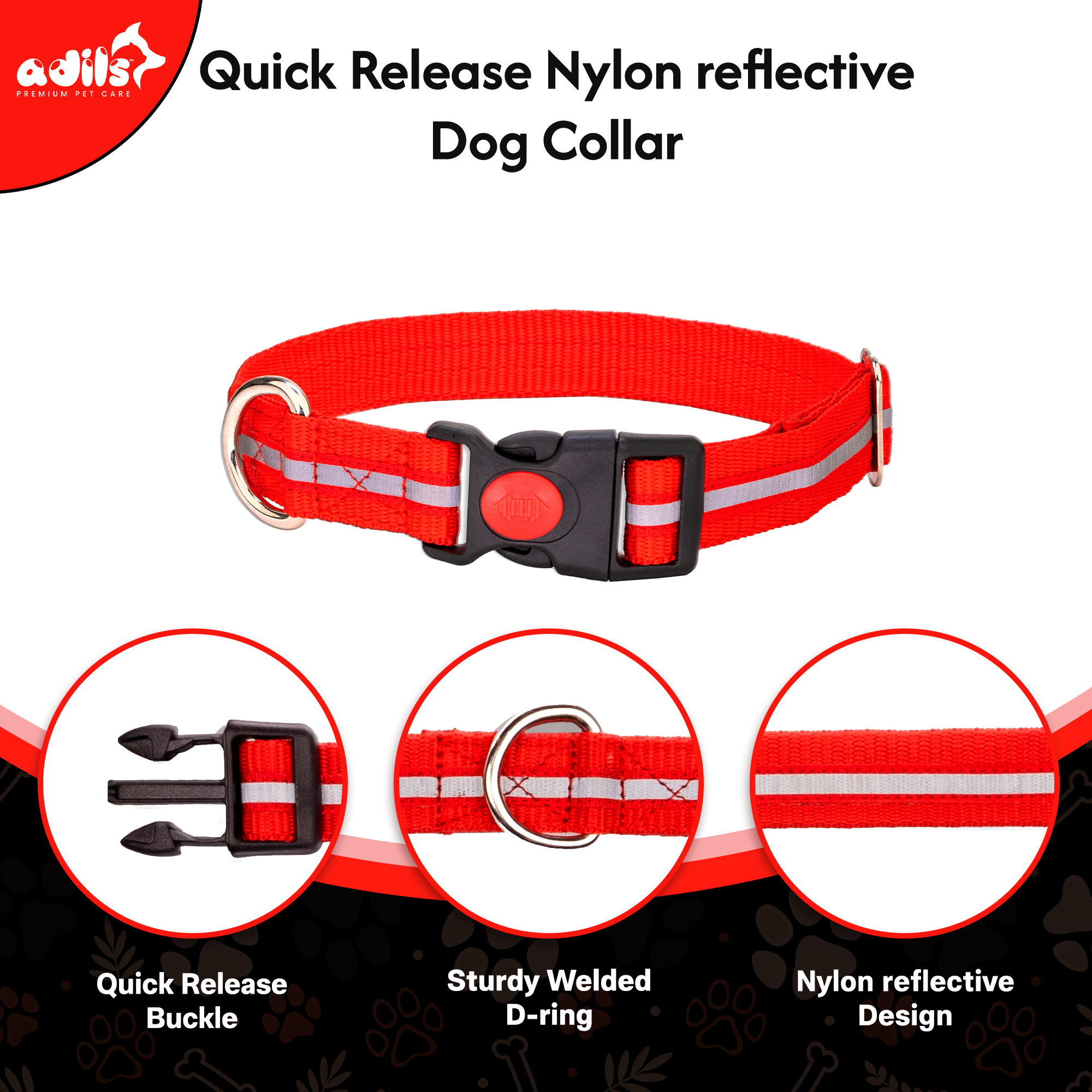 Nylon Reflective Dog Collar 1 inch Width - Adjustable Heavy Duty Pet Collars with Quick Release Buckle & D-Ring for leashes