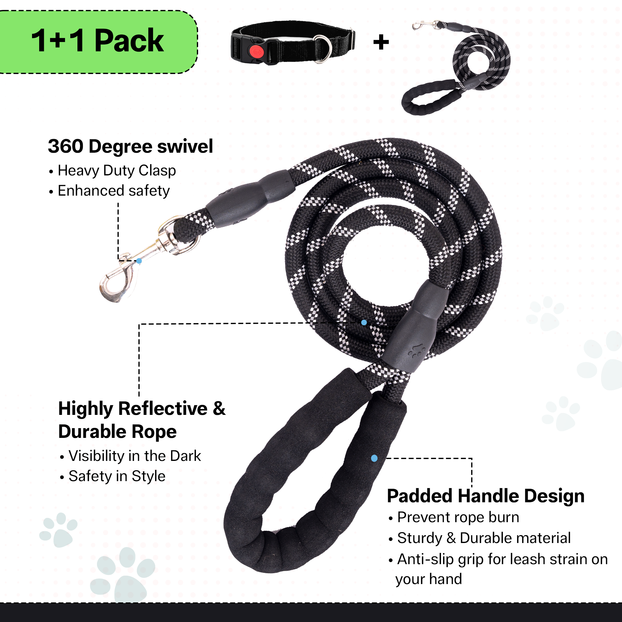 Adil's Nylon Dog Collar & Reflective Leash Set - Soft Padded, 5ft for All Breeds