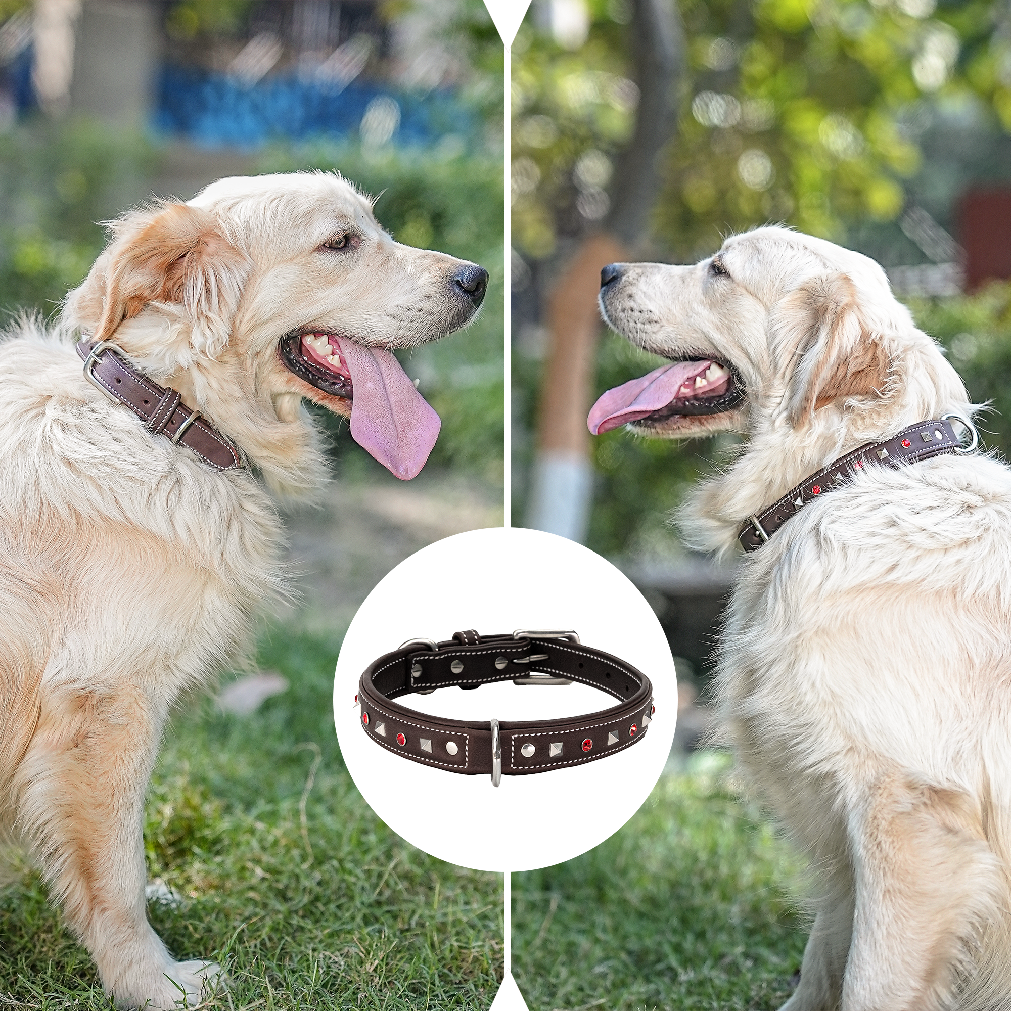 Adil's Premium Brown Leather Dog Collar with Red Crystals & Silver Studs - 1" Wide, Adjustable 12"-26" Neck, Metal Buckle & D-Ring