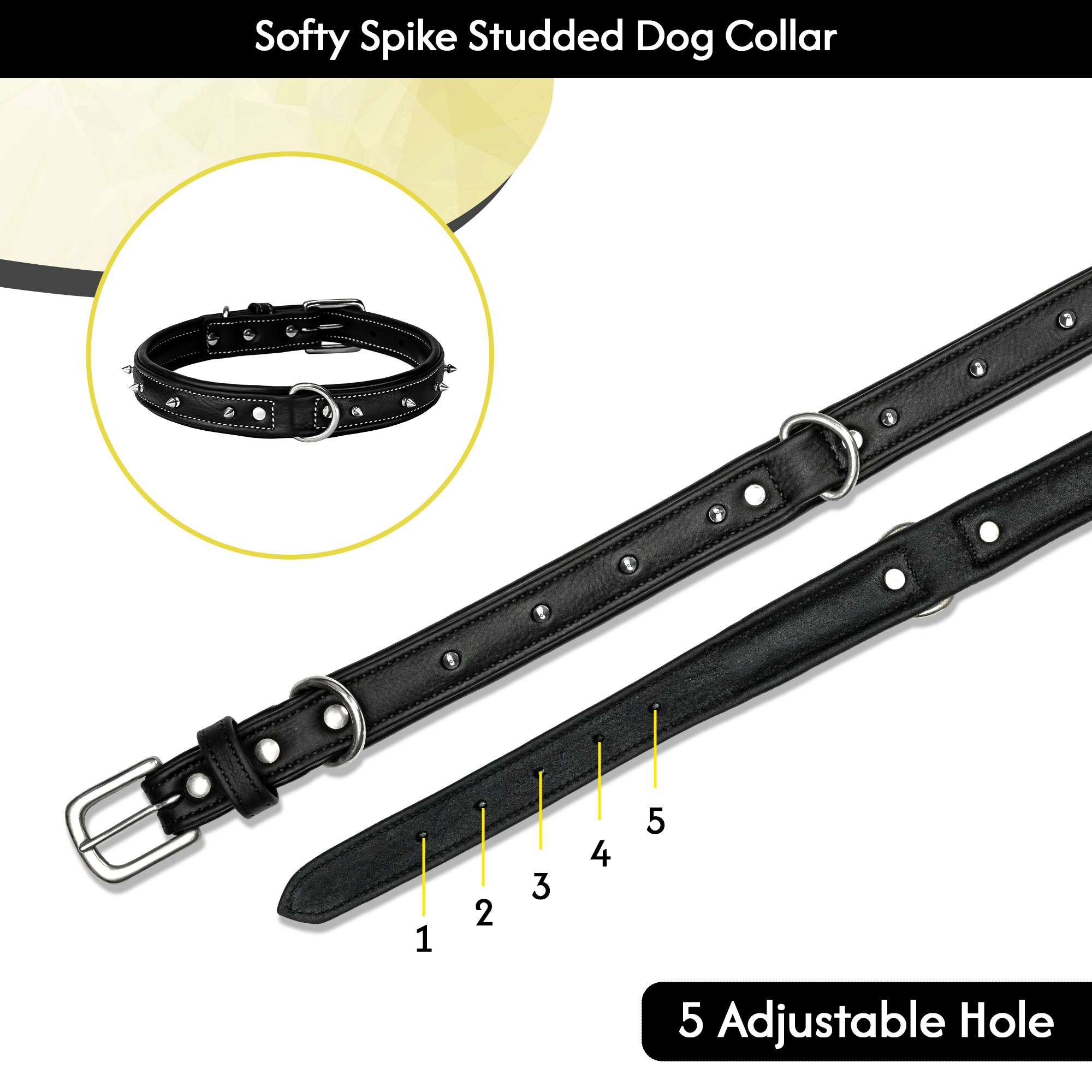 Adil's Spiked Softy Leather Dog Collar with Mushroom Rivet Studs - Adjustable for All Breeds, Metal Buckle & D-Ring