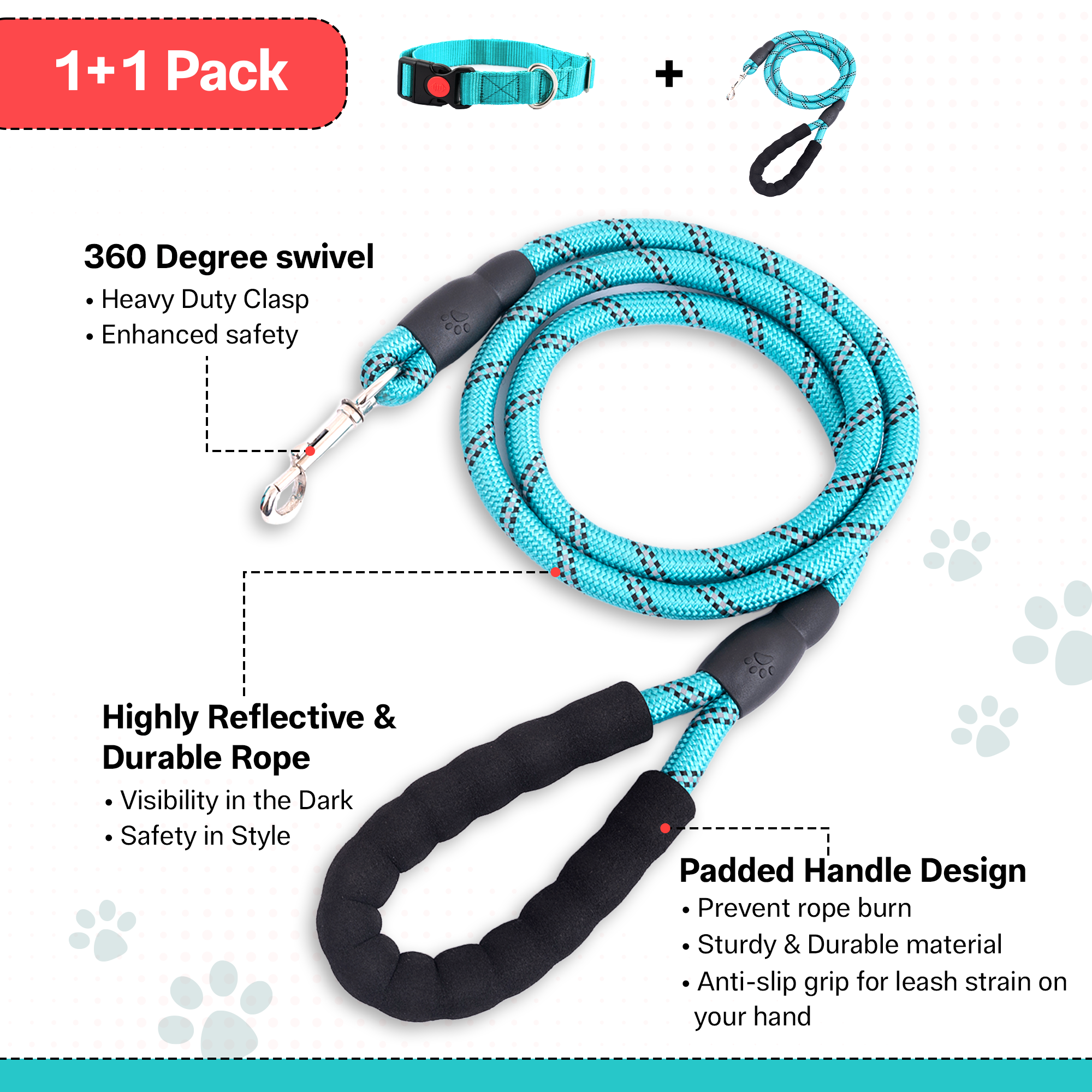 Adil's Nylon Dog Collar & Reflective Leash Set - Soft Padded, 5ft for All Breeds