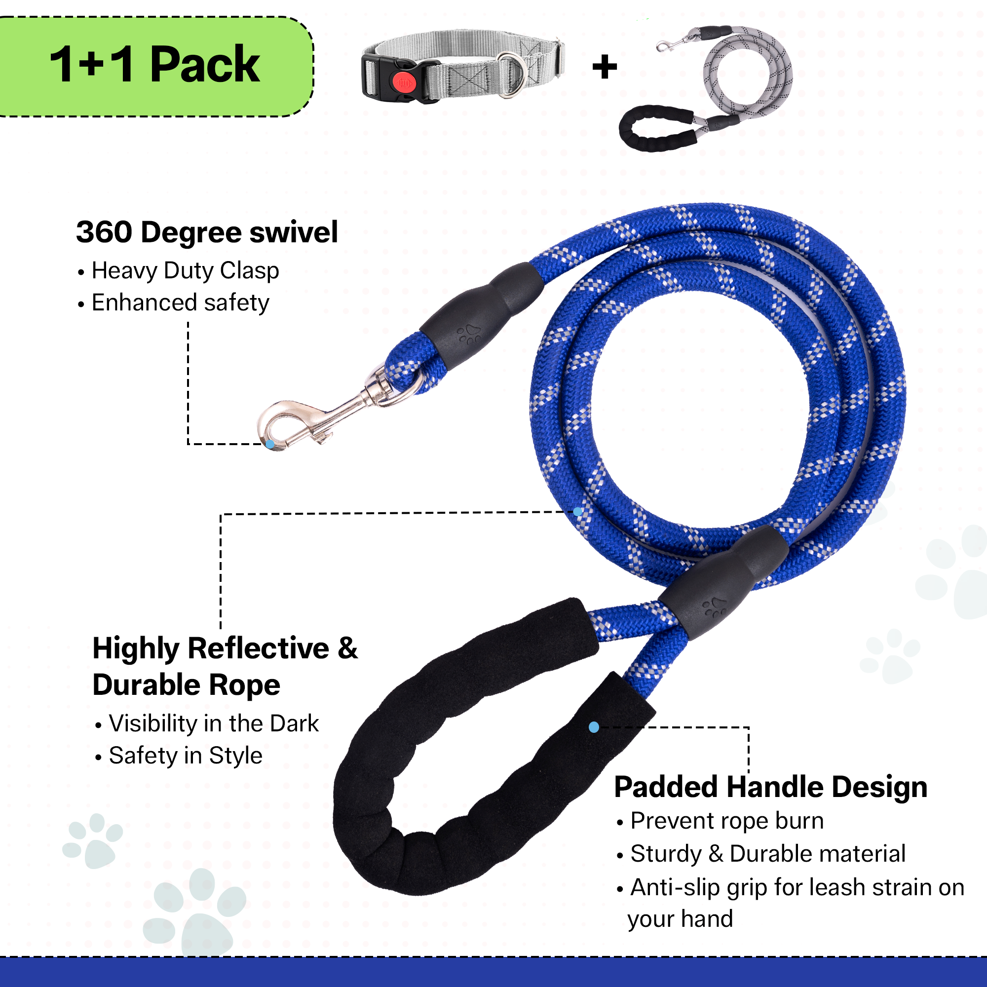 Adil's Nylon Dog Collar & Reflective Leash Set - Soft Padded, 5ft for All Breeds