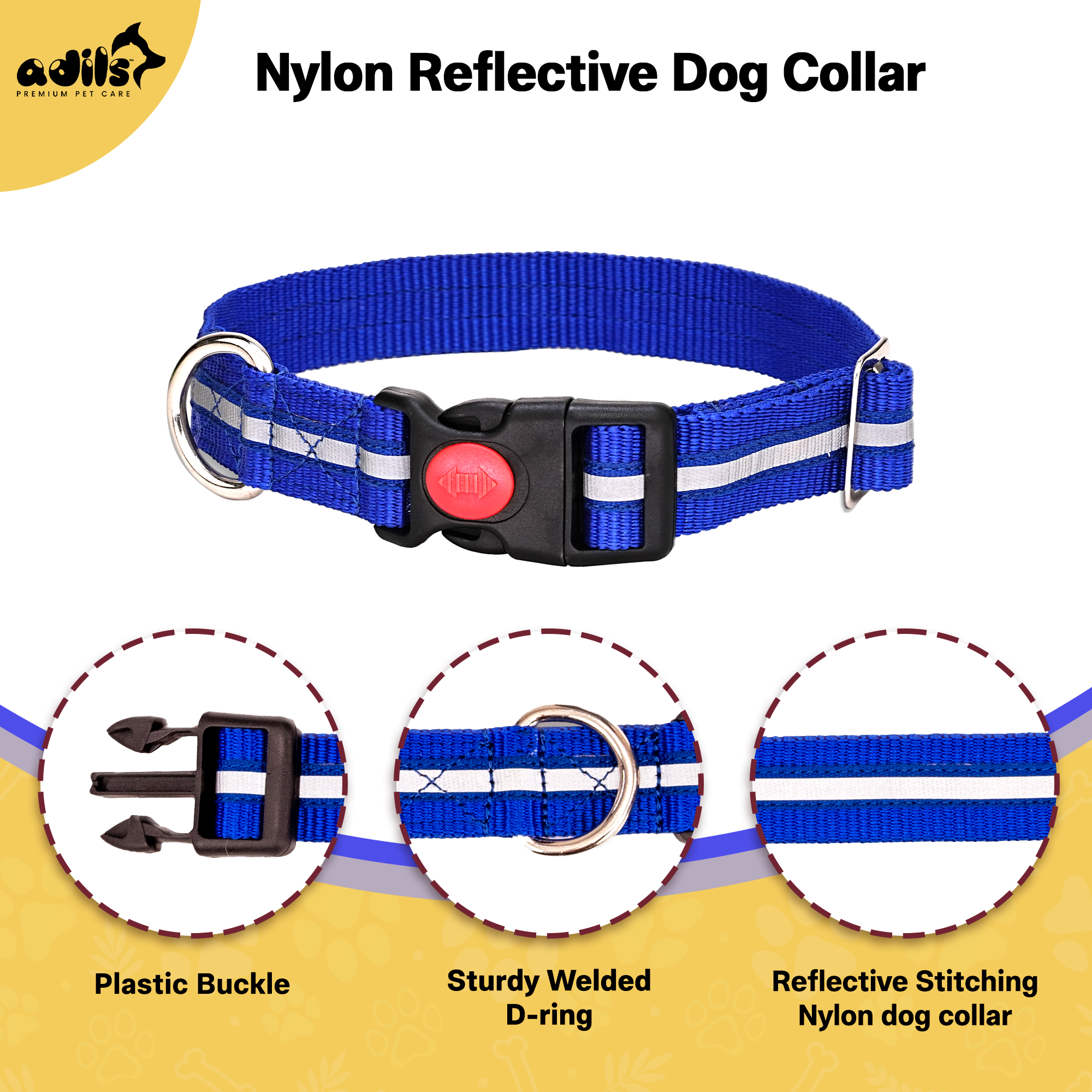 Nylon Reflective Dog Collar 1 inch Width - Adjustable Heavy Duty Pet Collars with Quick Release Buckle & D-Ring for leashes