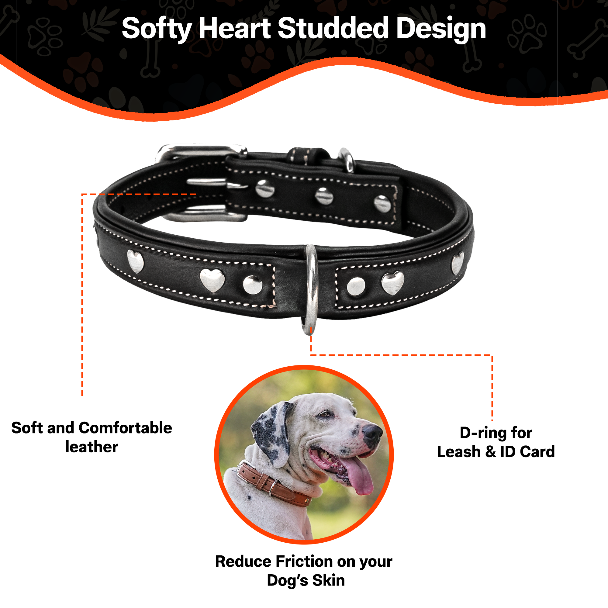 Adil'S Genuine Leather Heart Studded Dog Collar 1in Width, Neck Size: 12" to 26", Cognac Leather Dog Collar with Soft Padding, Sturdy & Strong D-Ring for leashes & ID Card