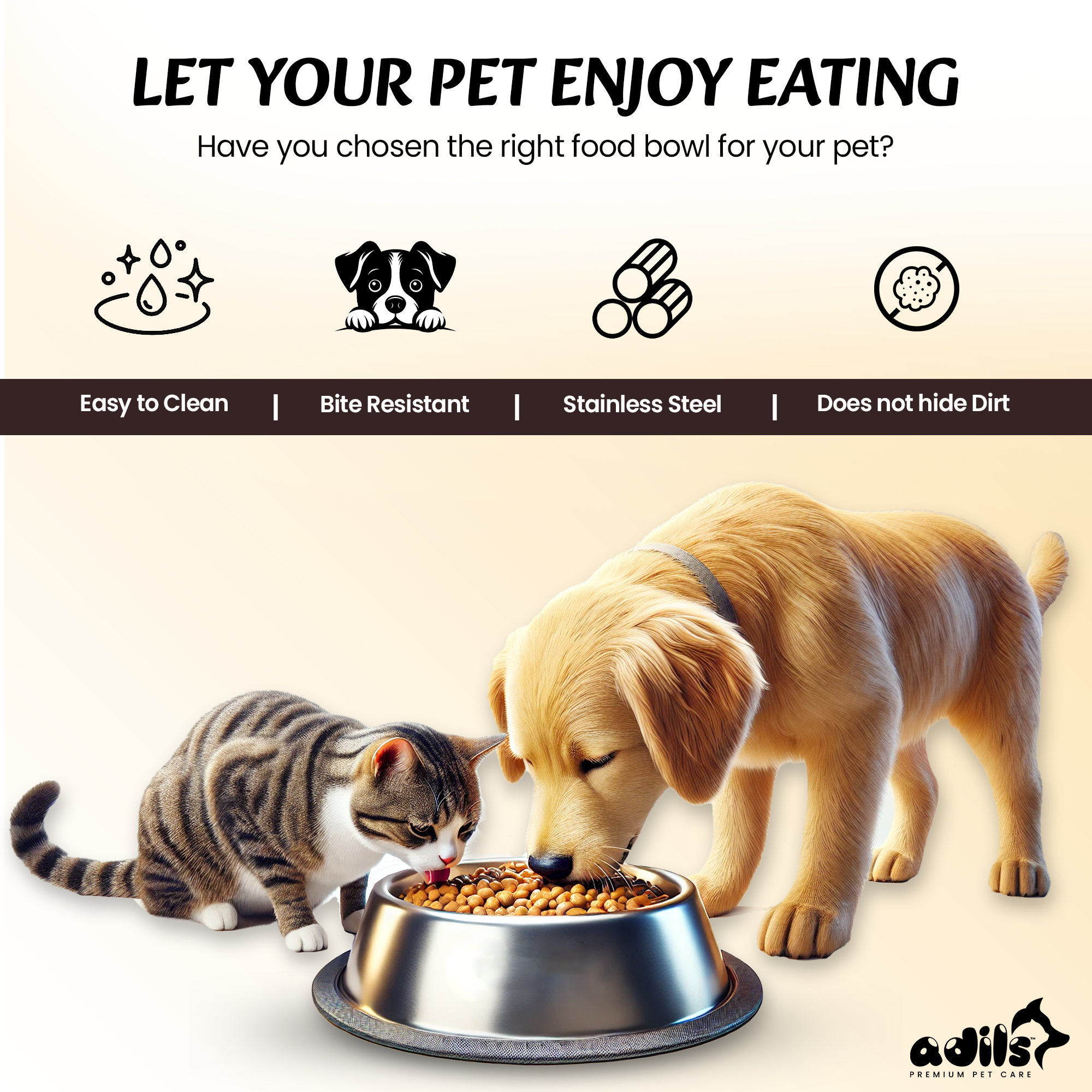 Adil’s Stainless Steel Dog and Cat Feeder - Non-Slip Base, Easy to Clean, Durable & Bite-Resistant Pet Food Bowl