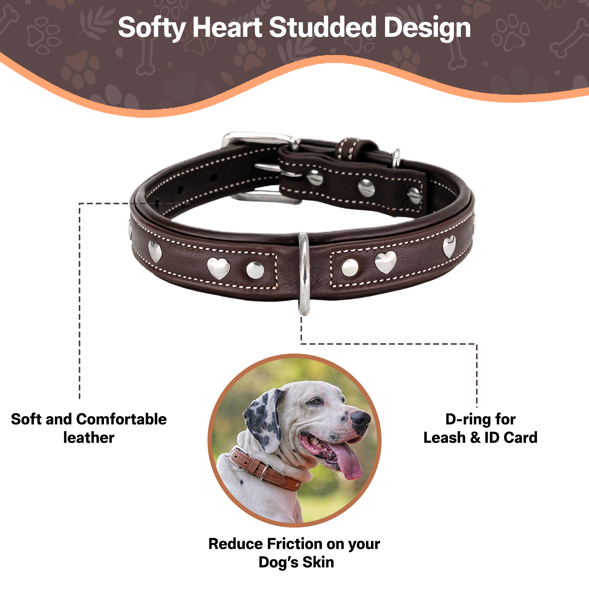 Adil'S Genuine Leather Heart Studded Dog Collar 1in Width, Neck Size: 12" to 26", Cognac Leather Dog Collar with Soft Padding, Sturdy & Strong D-Ring for leashes & ID Card