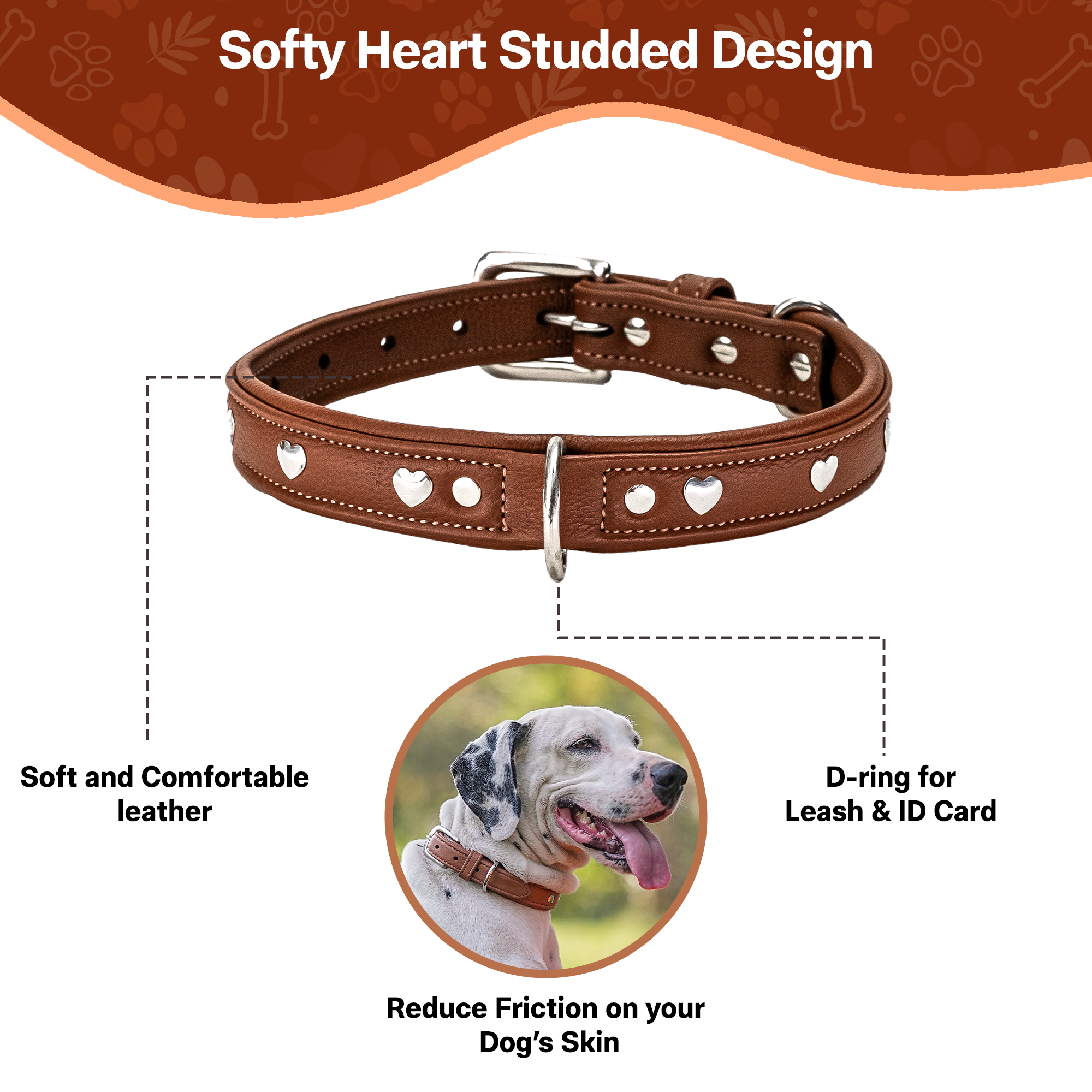 Adil'S Genuine Leather Heart Studded Dog Collar 1in Width, Neck Size: 12" to 26", Cognac Leather Dog Collar with Soft Padding, Sturdy & Strong D-Ring for leashes & ID Card