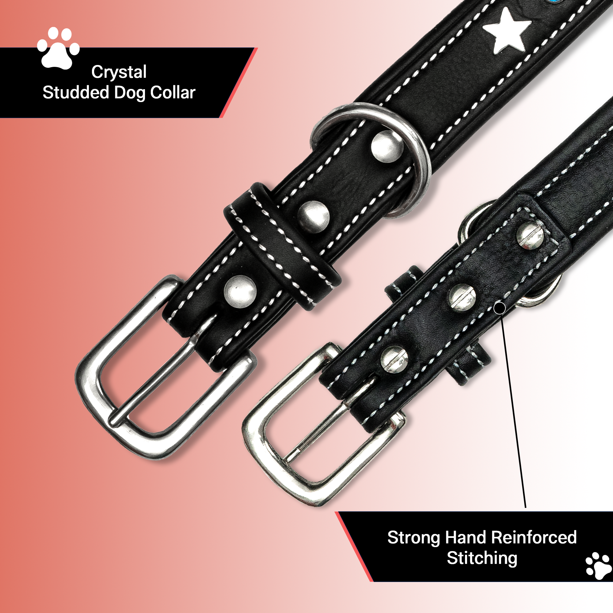 Adjustable Leather Dog Collar with Silver Softy Stars and Blue Accent Studs, 1 inch Width Crystal Studded Classic Design