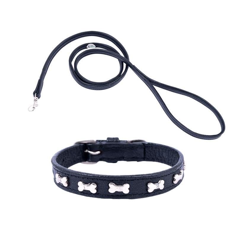 Adil’S Leather Cat Collar & Leash Set - Stylish Six Bone Studded Design Collar, Genuine Leather, Adjustable Buckle & Secure 5ft Leash for Safe and Comfortable Outdoor Activity (Brown)