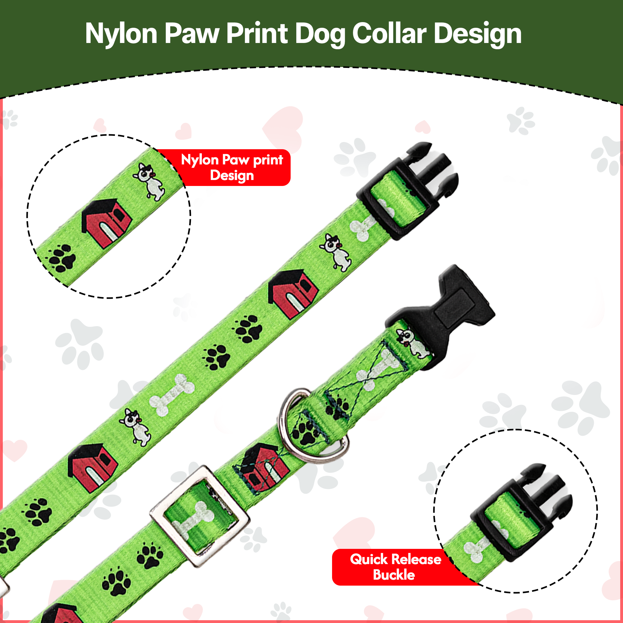 Adil’S Nylon Paw Print Dog Collar with Adjustable Quick Release Buckle & D-Ring for Leashes