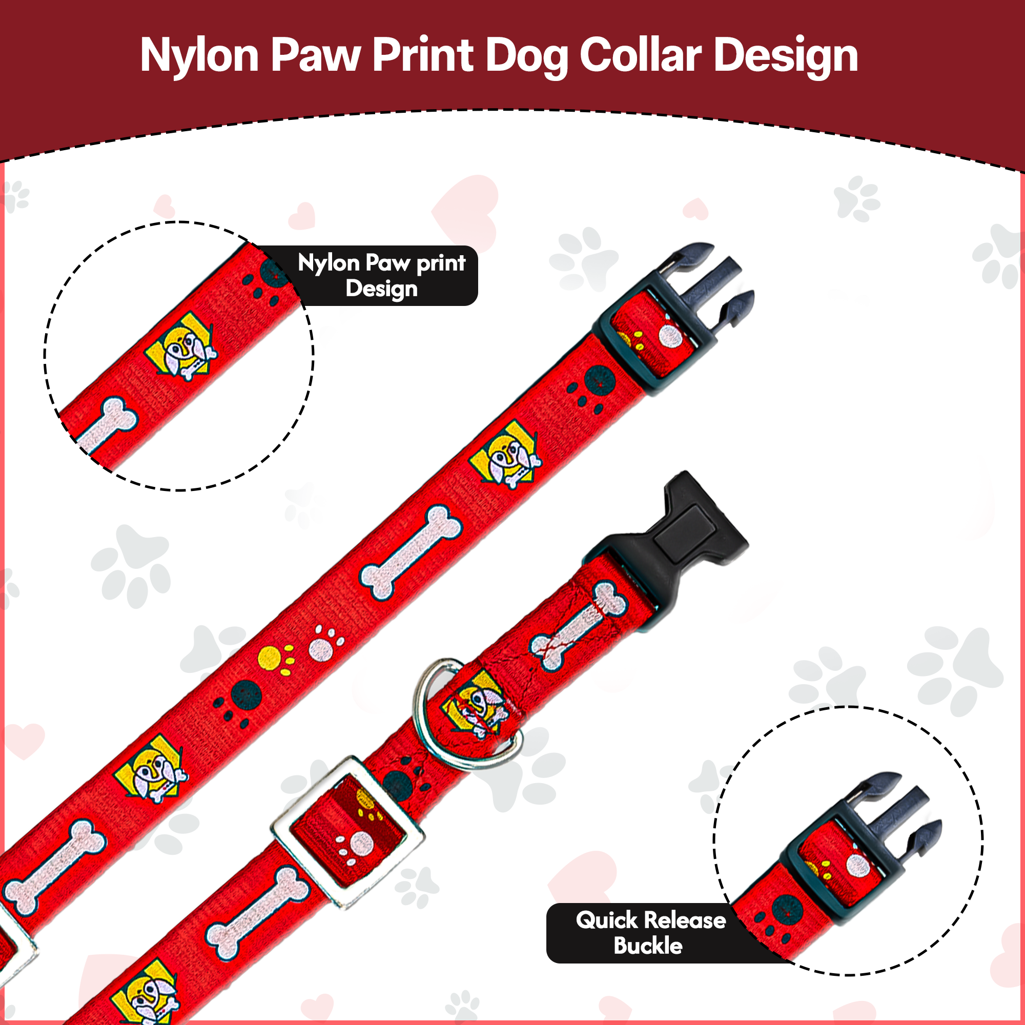 Adil’S Nylon Paw Print Dog Collar with Adjustable Quick Release Buckle & D-Ring for Leashes