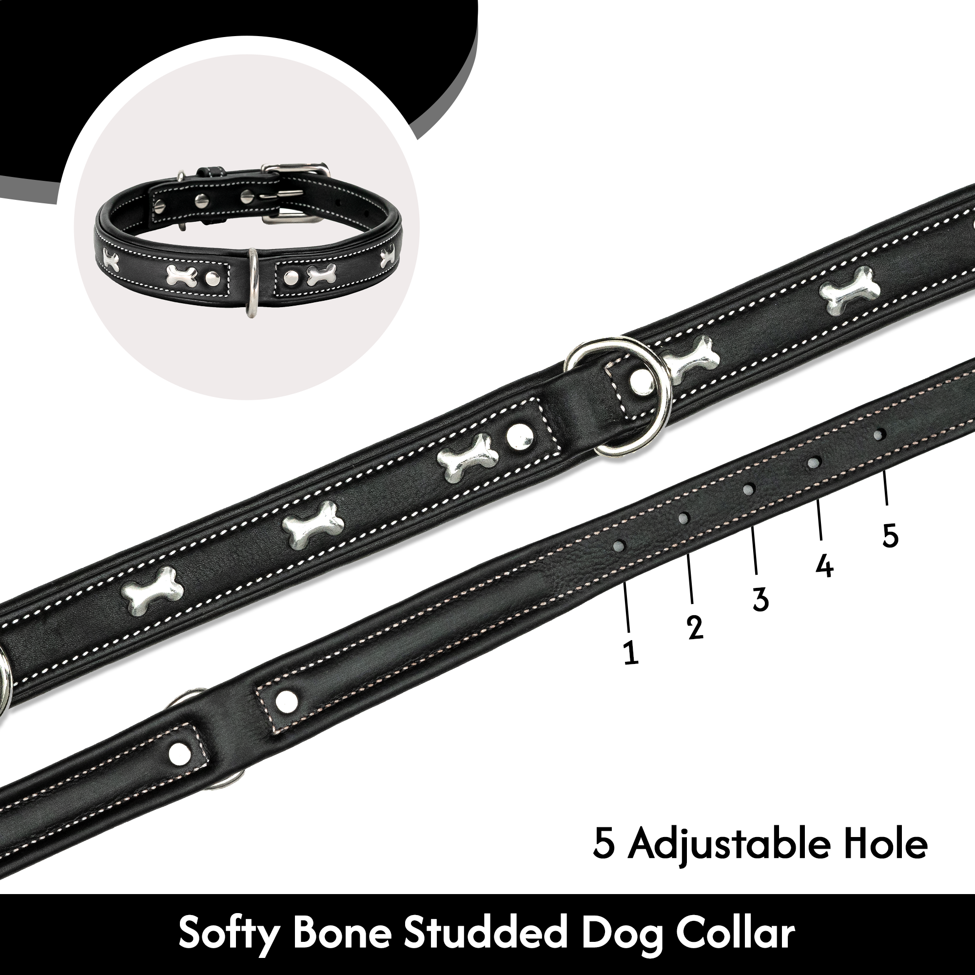Adil's Metal Bone Studded Soft Leather Dog Collar - 1-Inch Adjustable with Strong Metal Buckle & D-Ring