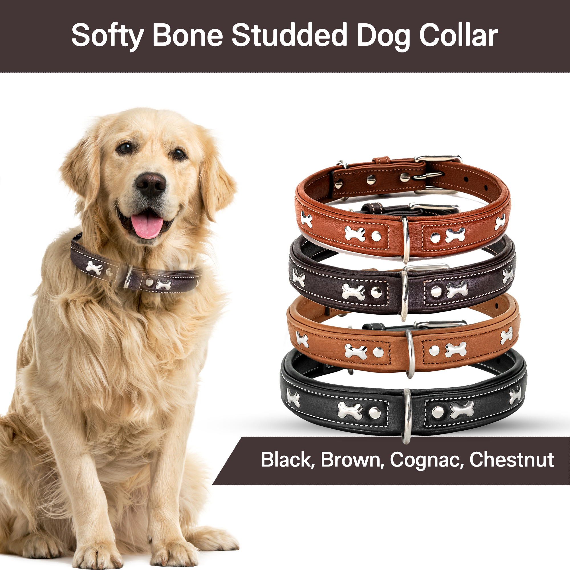 Adil's Metal Bone Studded Soft Leather Dog Collar - 1-Inch Adjustable with Strong Metal Buckle & D-Ring