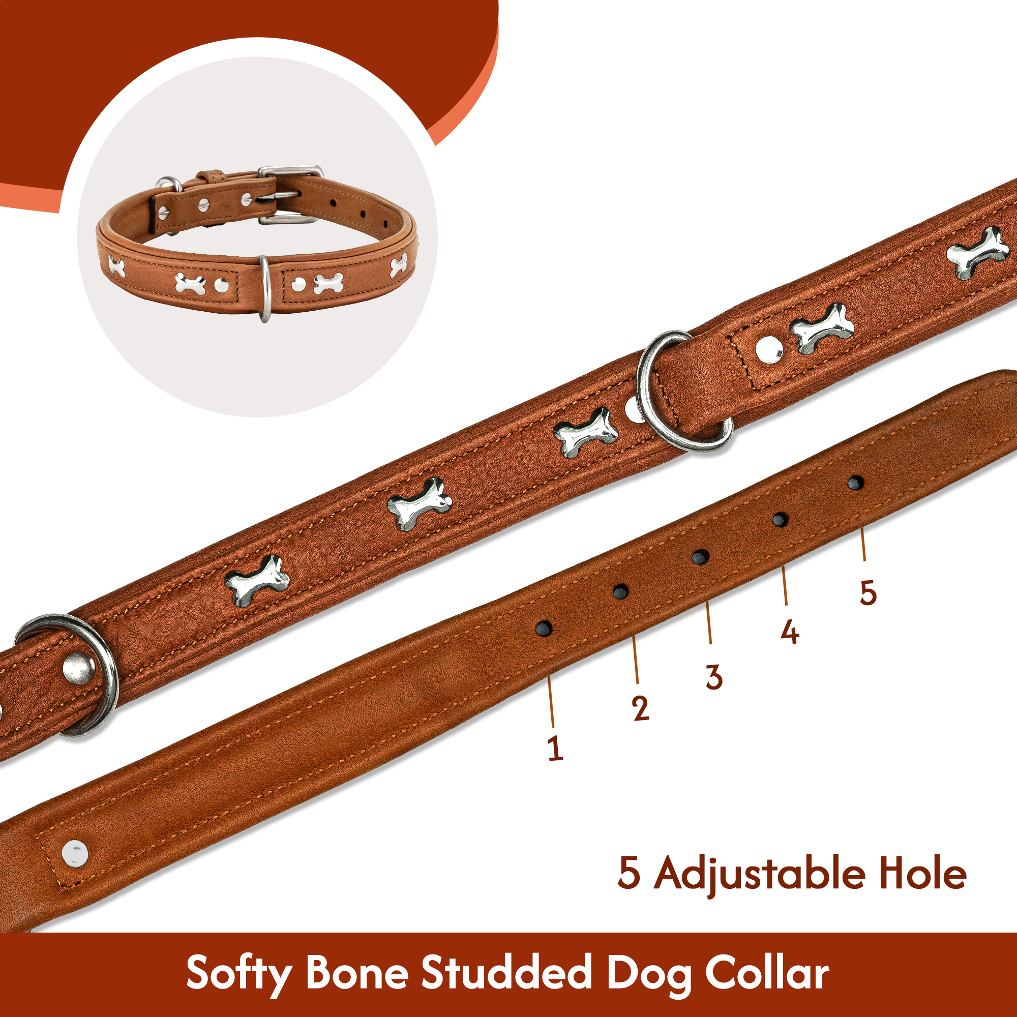 Adil's Metal Bone Studded Soft Leather Dog Collar - 1-Inch Adjustable with Strong Metal Buckle & D-Ring