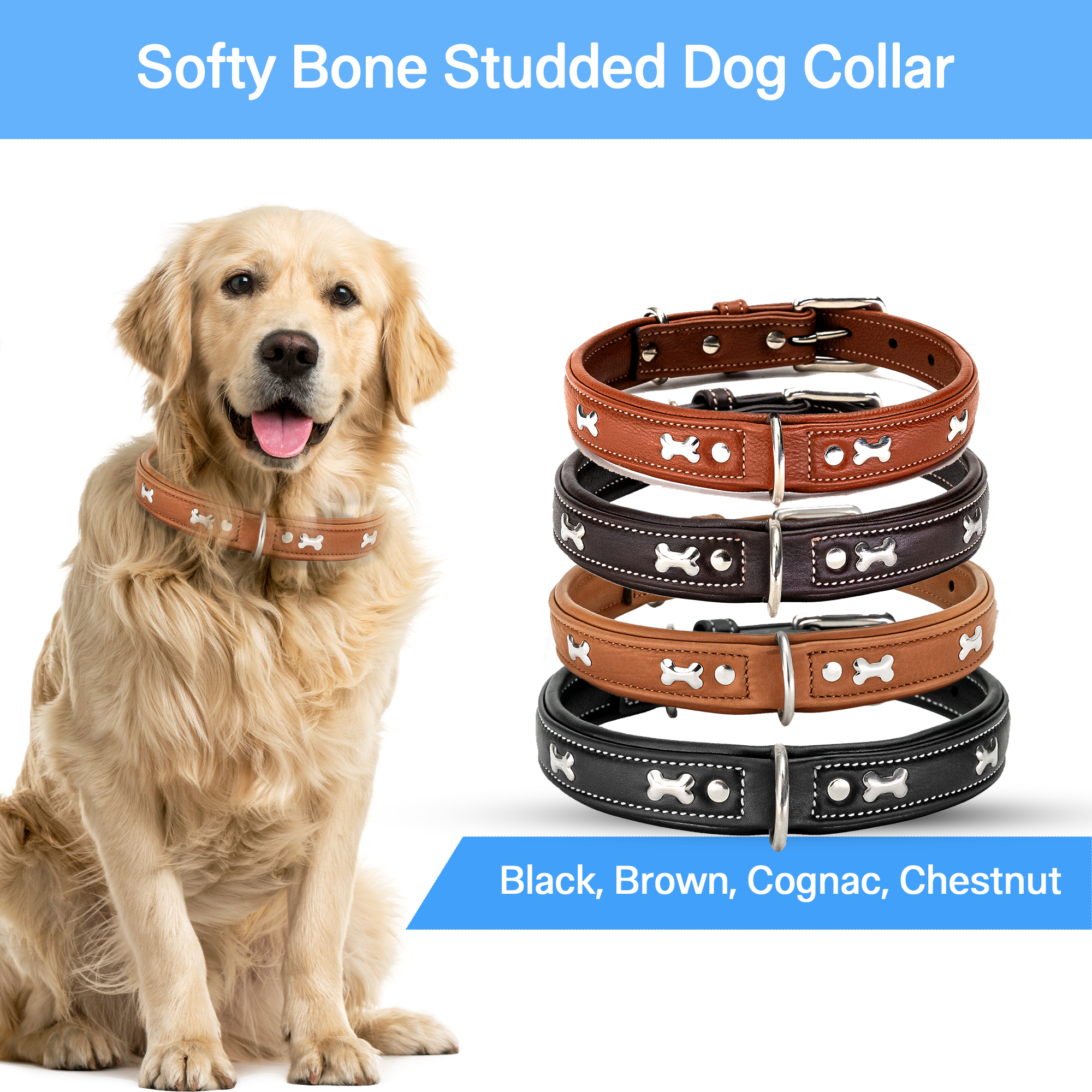 Adil's Metal Bone Studded Soft Leather Dog Collar - 1-Inch Adjustable with Strong Metal Buckle & D-Ring