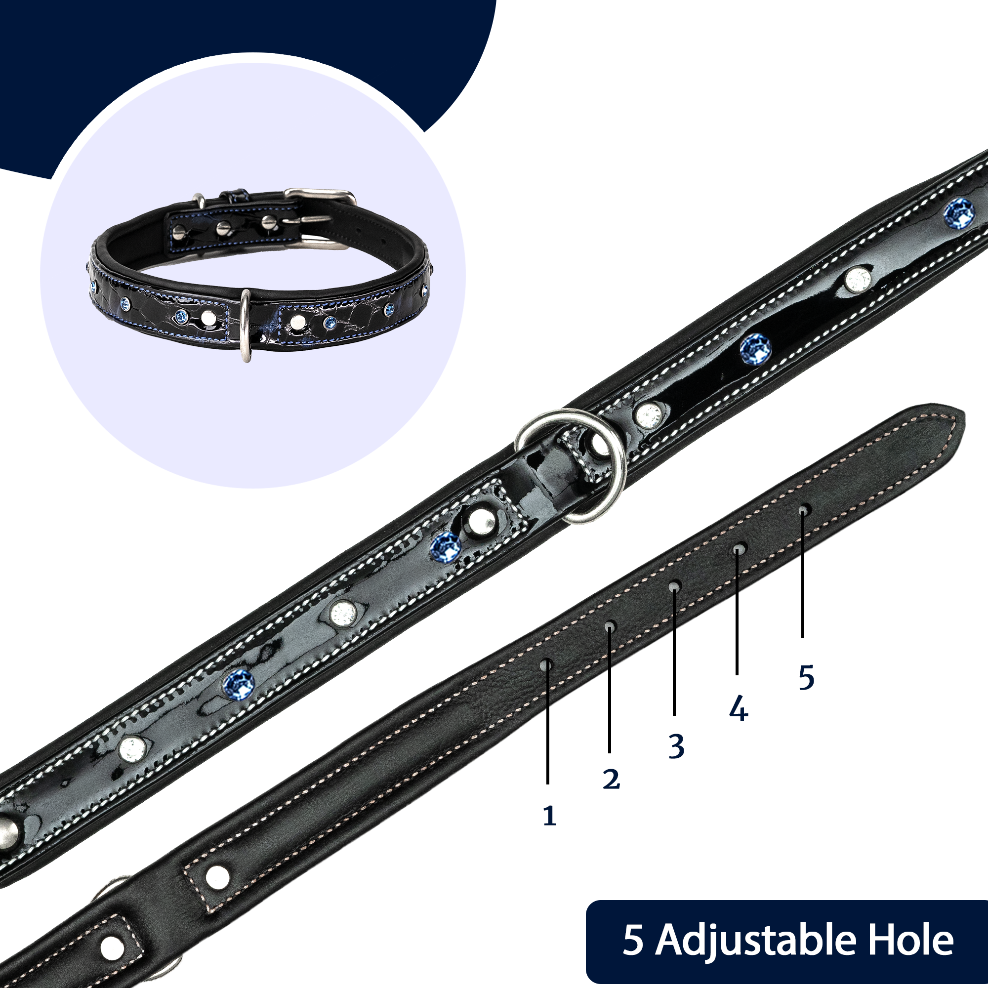 Adil’S Glossy Patent Leather Dog Collar – 1” Wide, Blue Crystal Studded, Classic Blue Stitch, Strong Metal Buckle & D-Ring, Adjustable Neck