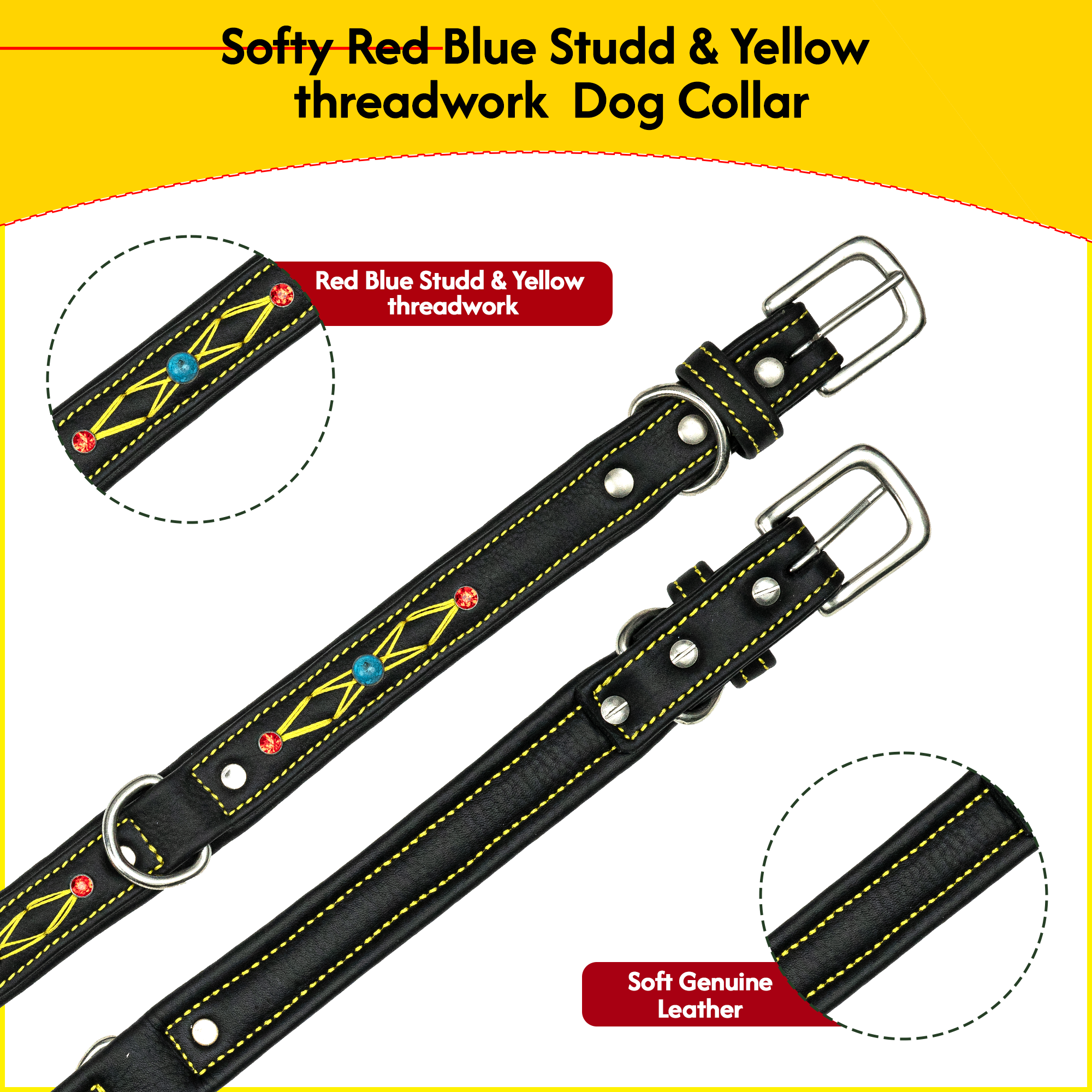 ADIL'S 1-inch Soft Leather Dog Collar Red & Blue Studd With Yellow threadwork Dog Collar