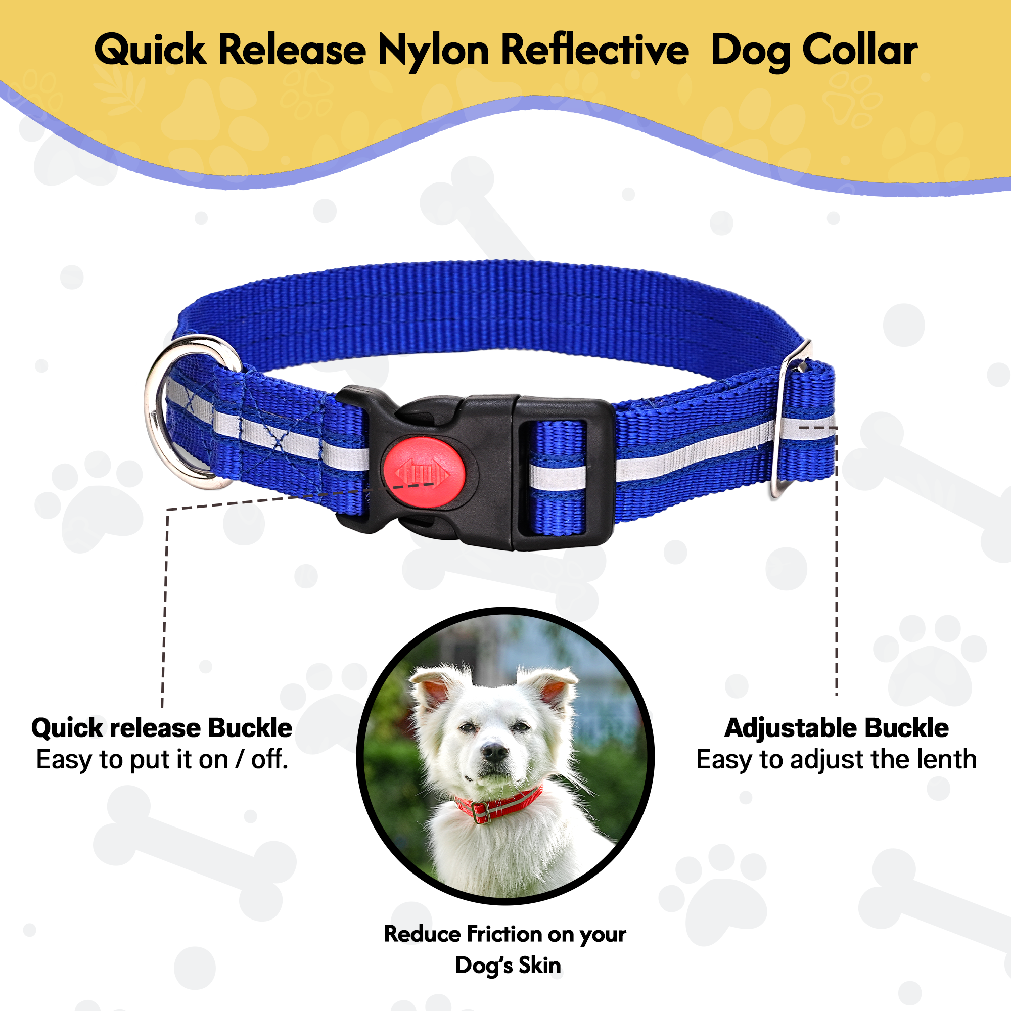 Nylon Reflective Dog Collar 1 inch Width - Adjustable Heavy Duty Pet Collars with Quick Release Buckle & D-Ring for leashes