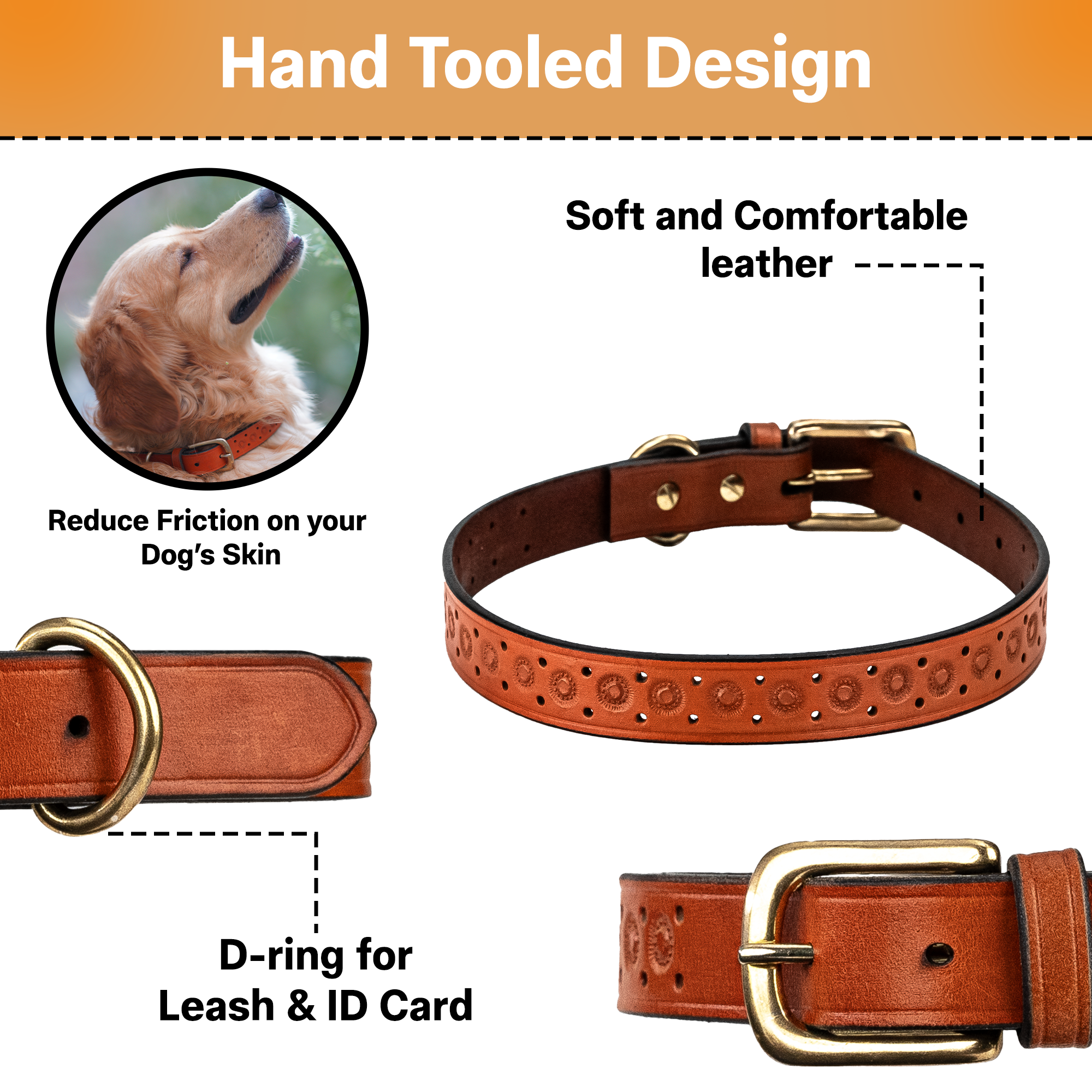 Adil’S Hand-Tooled Leather Dog Collar 1 Inch Width, Adjustable Sizes, Soft Padded Comfort with D-Ring & Sturdy Metal Buckle - Ideal for Small to Large Dogs