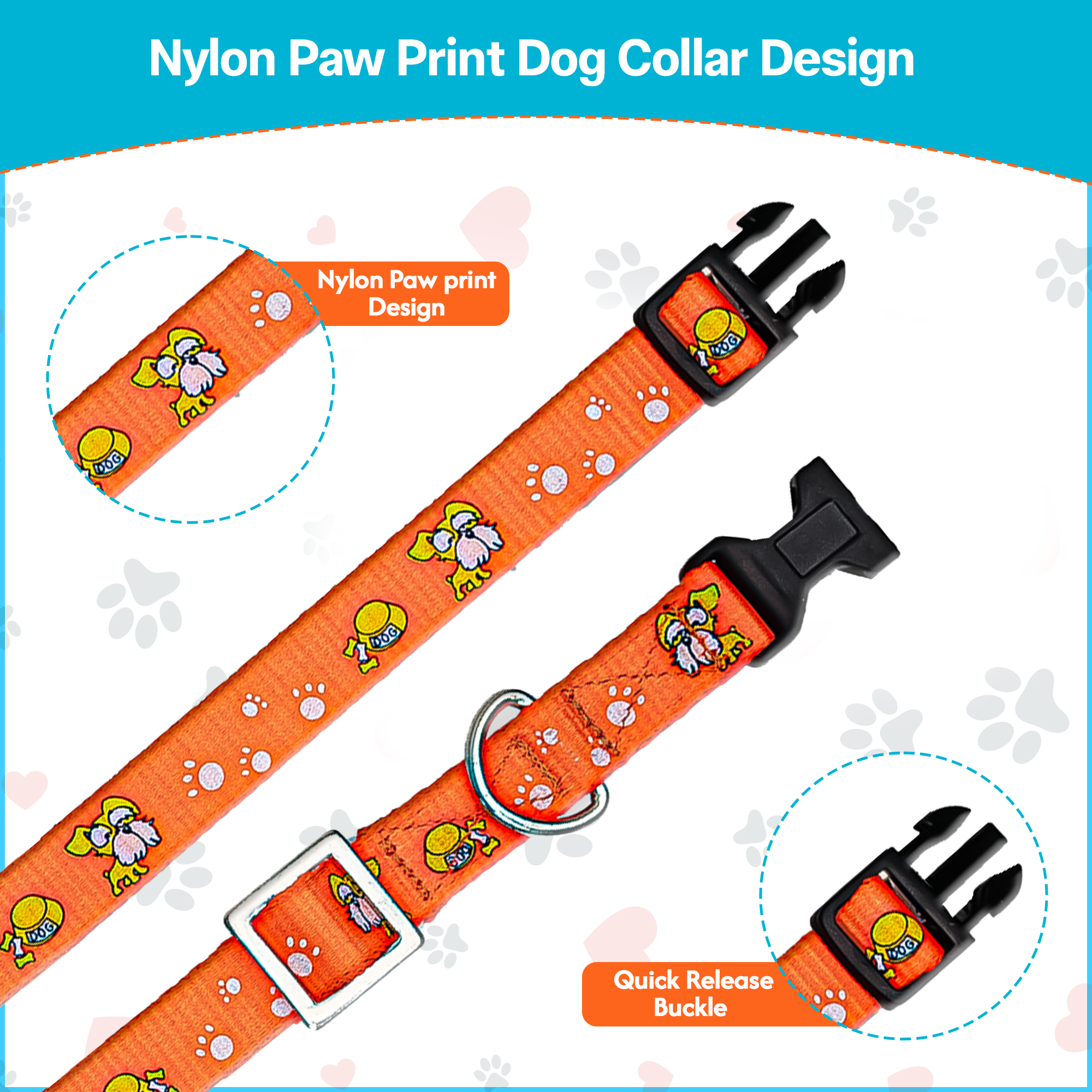 Adil’S Nylon Paw Print Dog Collar with Adjustable Quick Release Buckle & D-Ring for Leashes