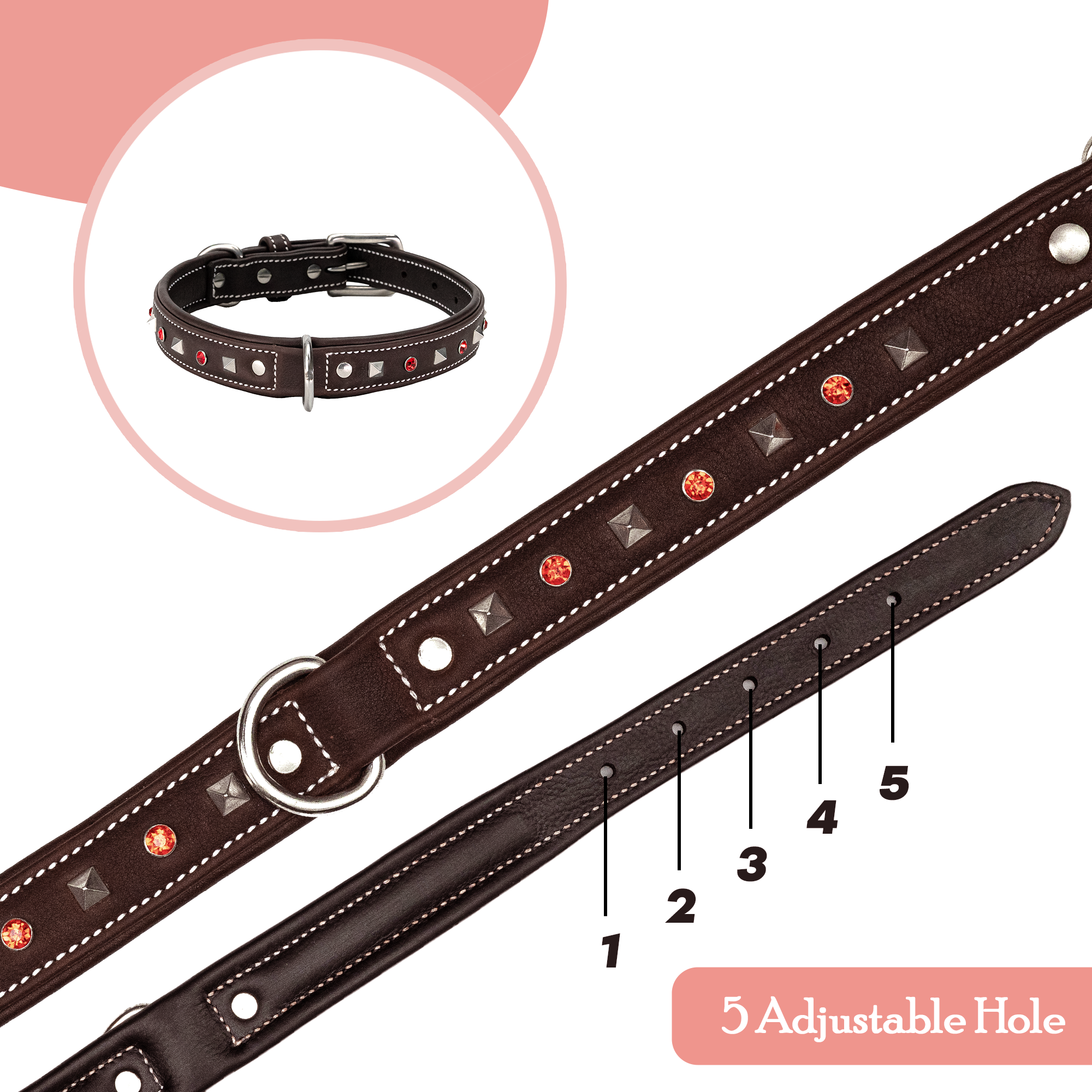 Adil's Premium Brown Leather Dog Collar with Red Crystals & Silver Studs - 1" Wide, Adjustable 12"-26" Neck, Metal Buckle & D-Ring