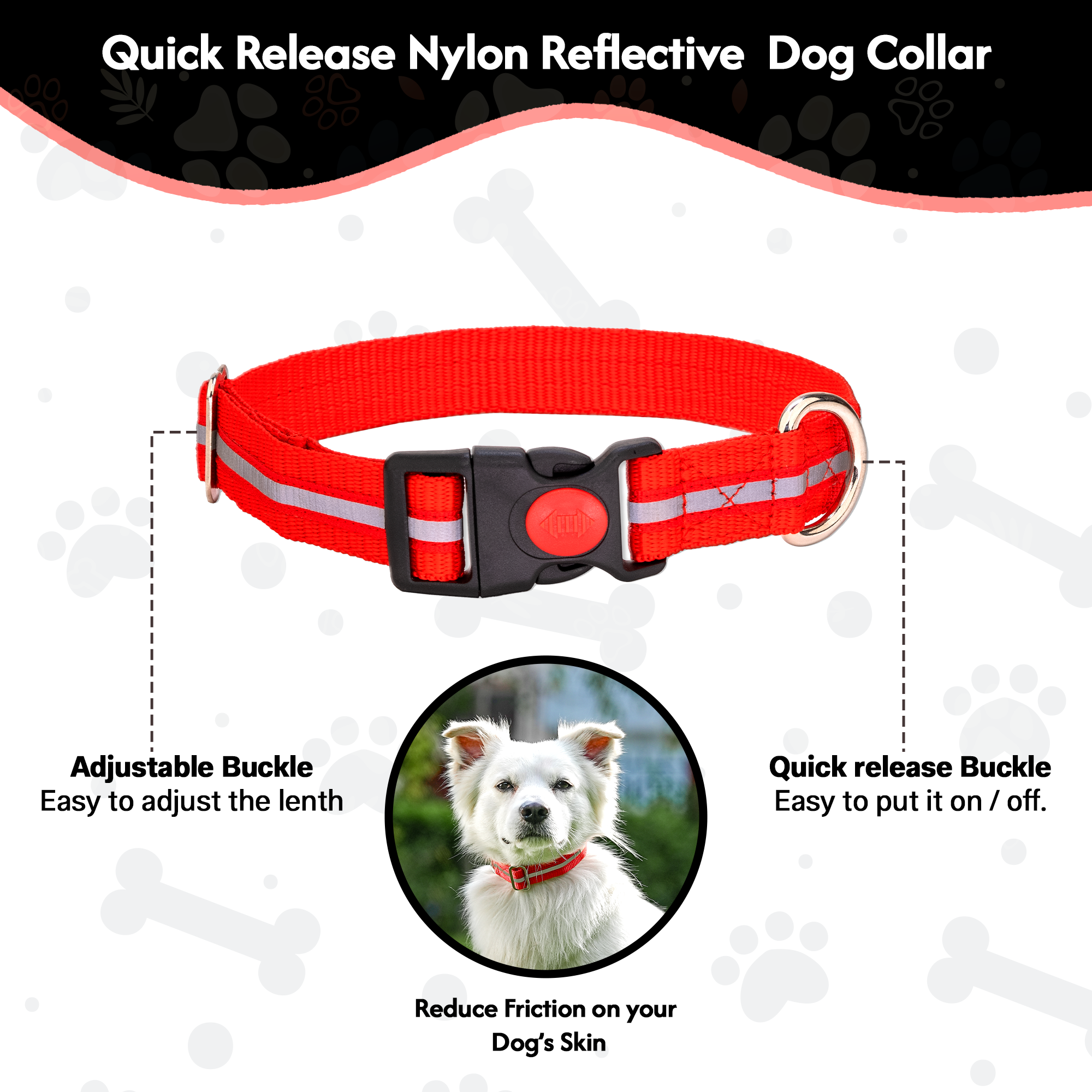 Nylon Reflective Dog Collar 1 inch Width - Adjustable Heavy Duty Pet Collars with Quick Release Buckle & D-Ring for leashes