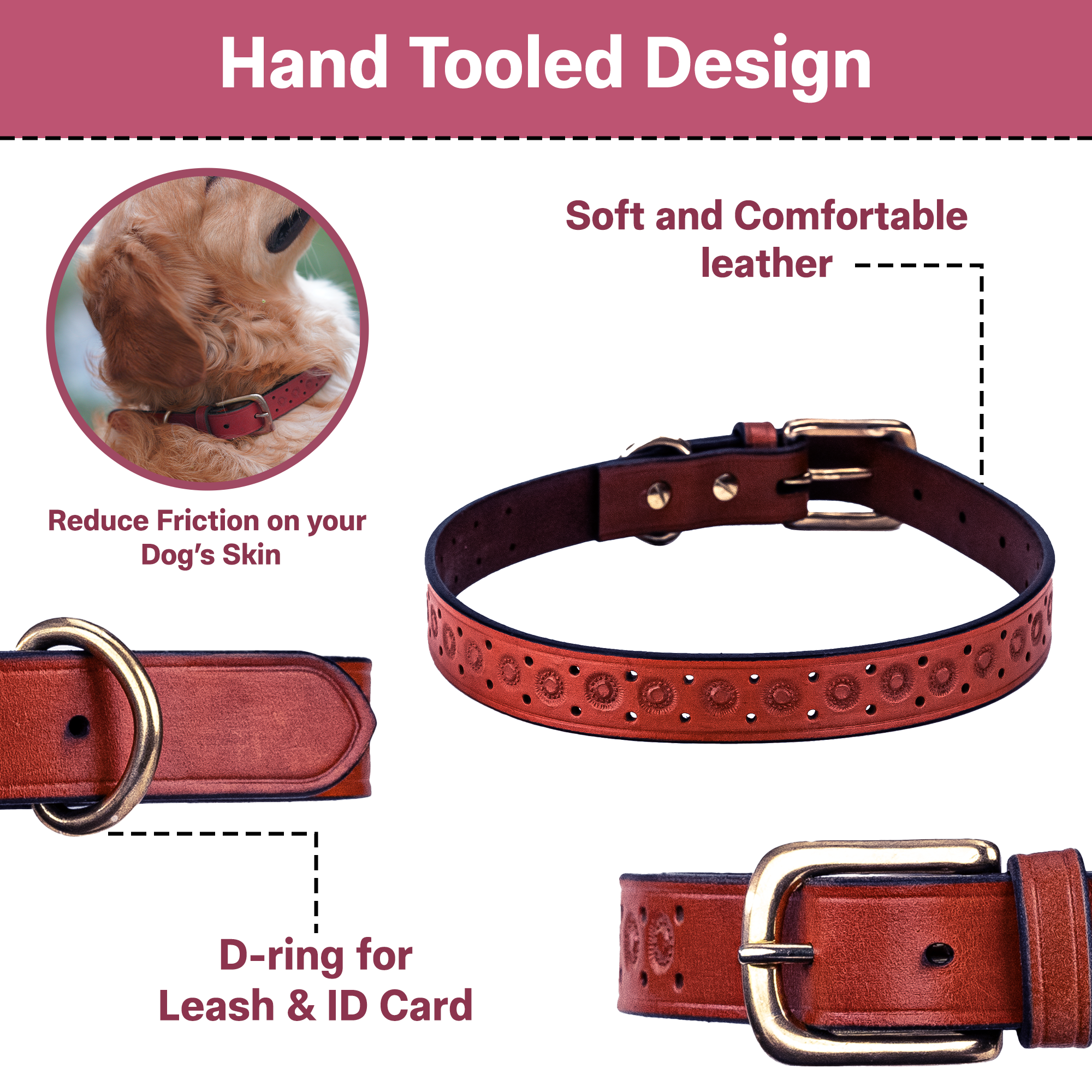 Adil’S Hand-Tooled Leather Dog Collar 1 Inch Width, Adjustable Sizes, Soft Padded Comfort with D-Ring & Sturdy Metal Buckle - Ideal for Small to Large Dogs