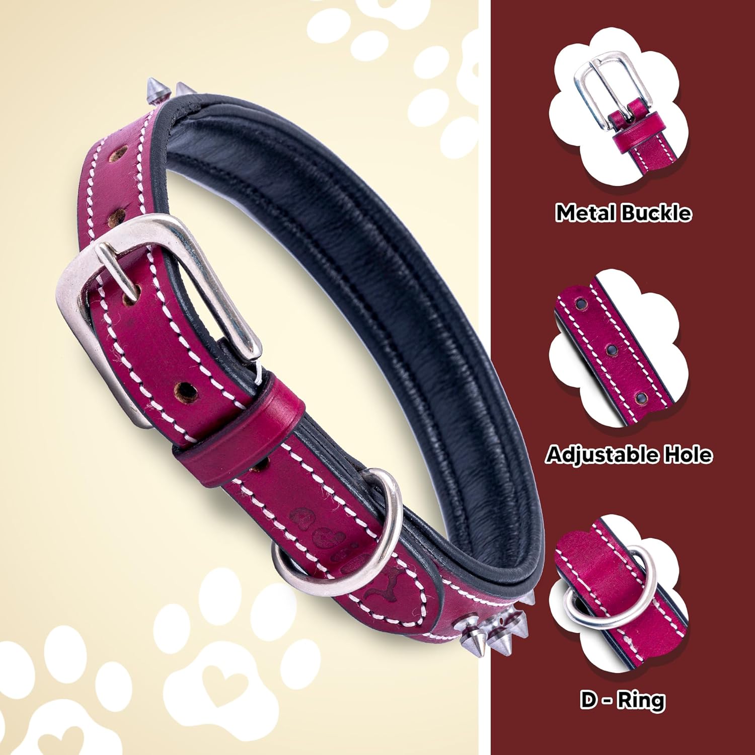 Adil’S Leather Spike Dog Collar for Small, Medium & Large Dogs with Strong Metal D-Ring, Adjustable Collar fits All Neck Size, 1” Width