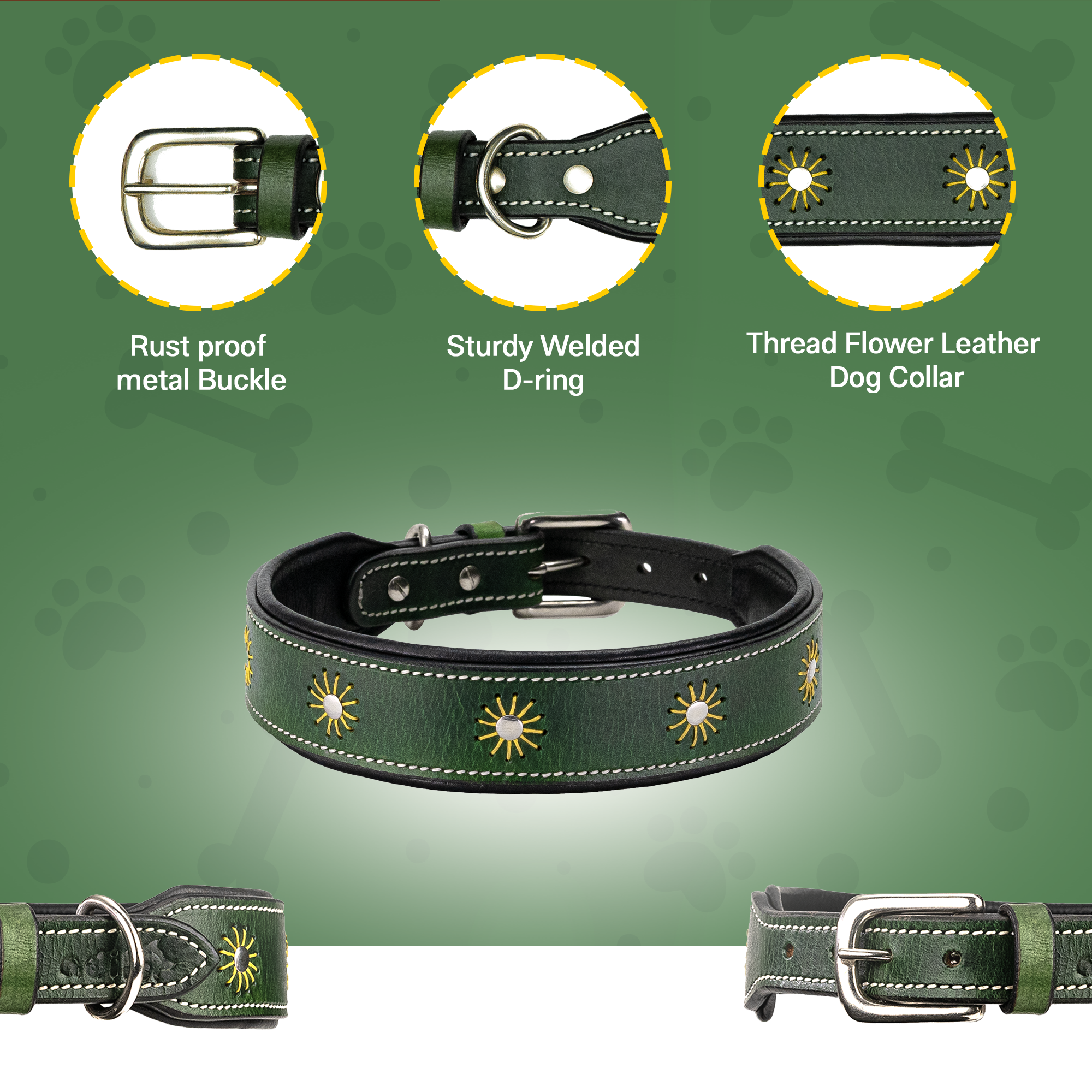 Adil’S Leather Dog Collar Thread Flower Design 1.5 width Adjustable Collars for Small Medium & Large Dogs, Made up Genuine Leather with Strong Metal Buckle