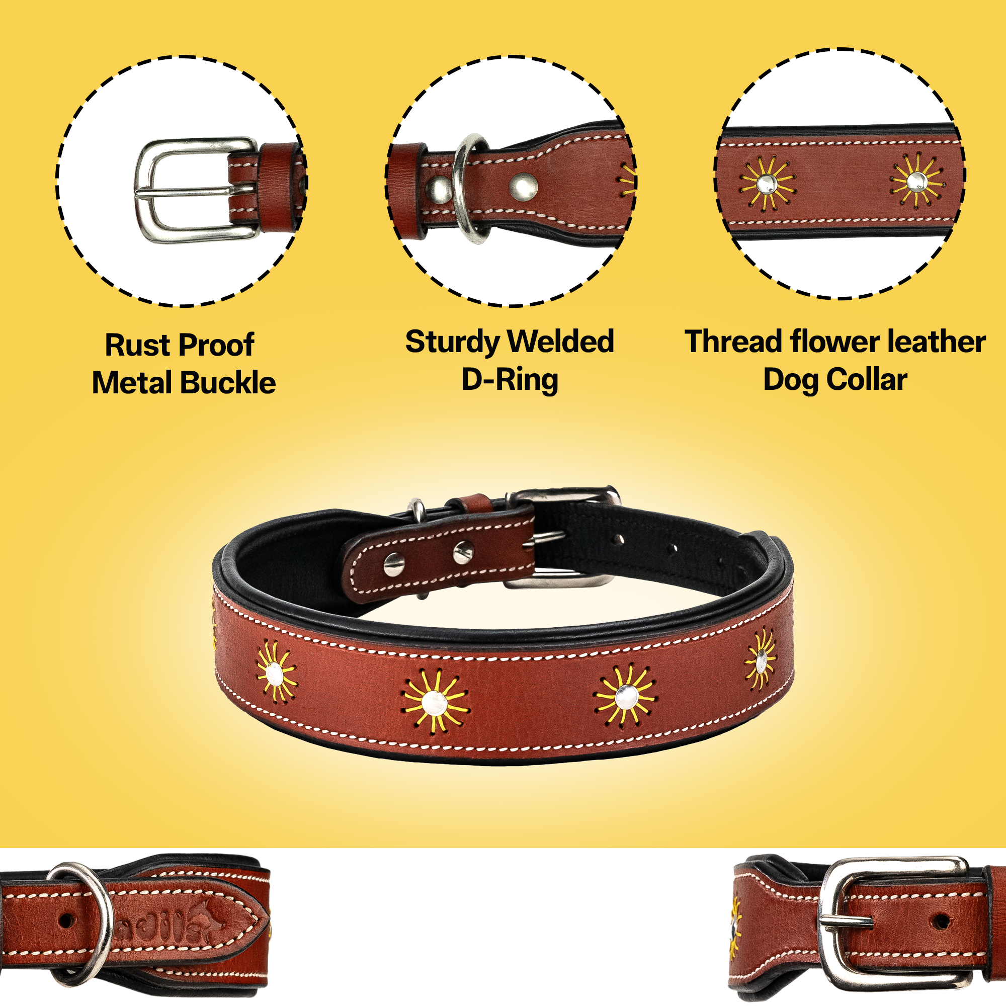 Adil’S Leather Dog Collar Thread Flower Design 1.5 width Adjustable Collars for Small Medium & Large Dogs, Made up Genuine Leather with Strong Metal Buckle