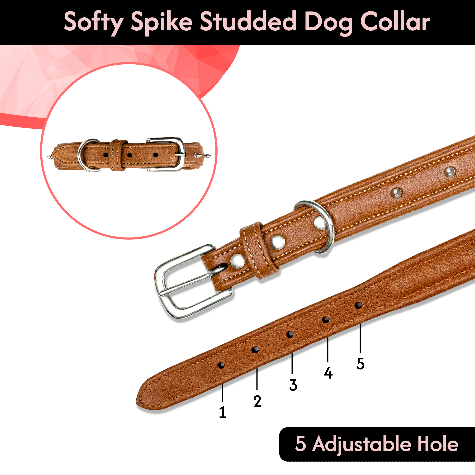 Adil's Spiked Softy Leather Dog Collar with Mushroom Rivet Studs - Adjustable for All Breeds, Metal Buckle & D-Ring
