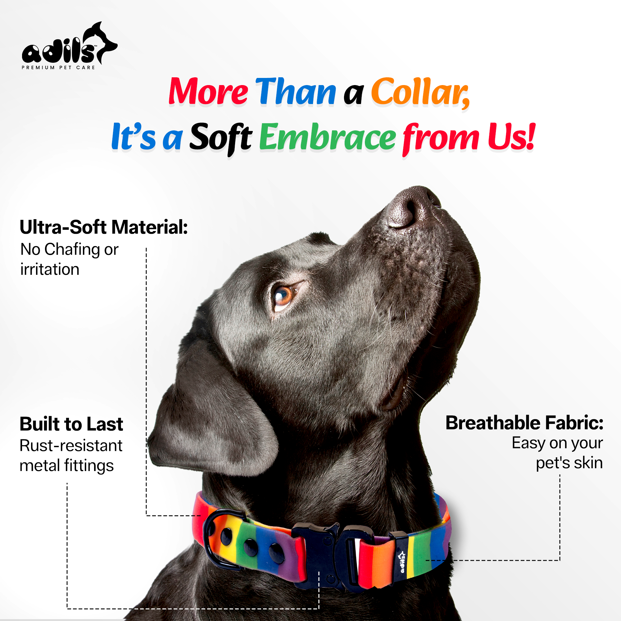 Adil’s Rainbow Biothane Dog Collar – Waterproof, Quick Release, Adjustable (M to L)