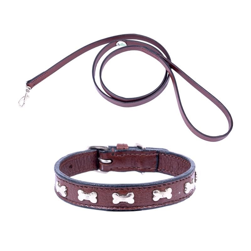 Adil’S Leather Cat Collar & Leash Set - Stylish Six Bone Studded Design Collar, Genuine Leather, Adjustable Buckle & Secure 5ft Leash for Safe and Comfortable Outdoor Activity (Brown)