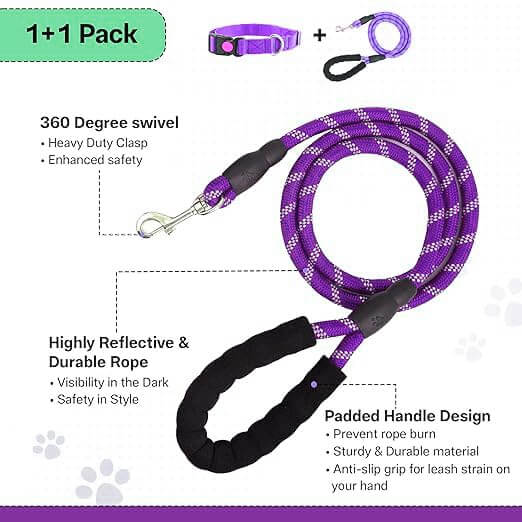 Adil's Nylon Dog Collar & Reflective Leash Set - Soft Padded, 5ft for All Breeds