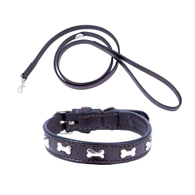 Adil’S Leather Cat Collar & Leash Set - Stylish Six Bone Studded Design Collar, Genuine Leather, Adjustable Buckle & Secure 5ft Leash for Safe and Comfortable Outdoor Activity (Brown)