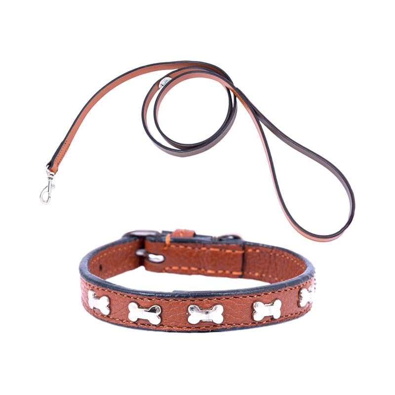 Adil’S Leather Cat Collar & Leash Set - Stylish Six Bone Studded Design Collar, Genuine Leather, Adjustable Buckle & Secure 5ft Leash for Safe and Comfortable Outdoor Activity (Brown)