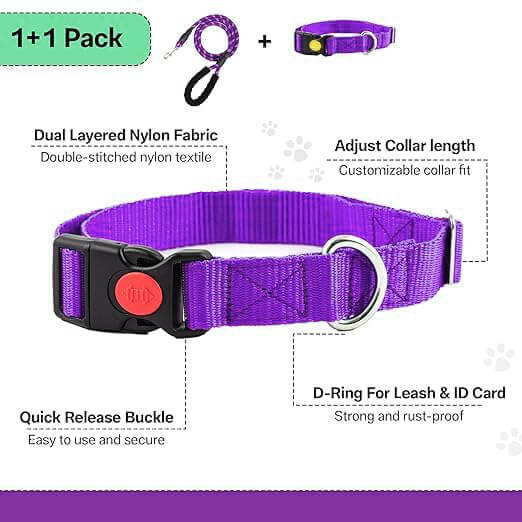 Adil's Nylon Dog Collar & Reflective Leash Set - Soft Padded, 5ft for All Breeds