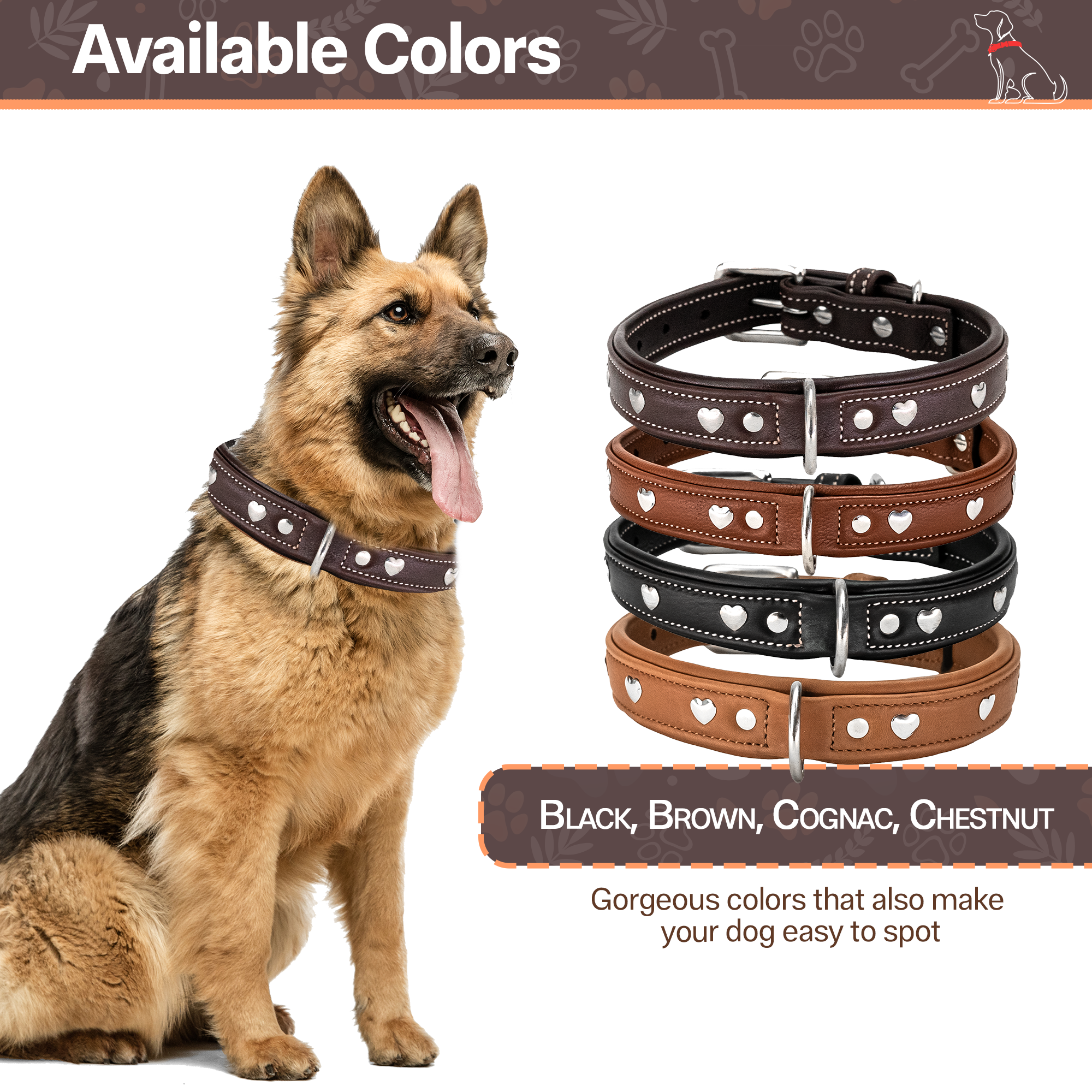 Adil'S Genuine Leather Heart Studded Dog Collar 1in Width, Neck Size: 12" to 26", Cognac Leather Dog Collar with Soft Padding, Sturdy & Strong D-Ring for leashes & ID Card