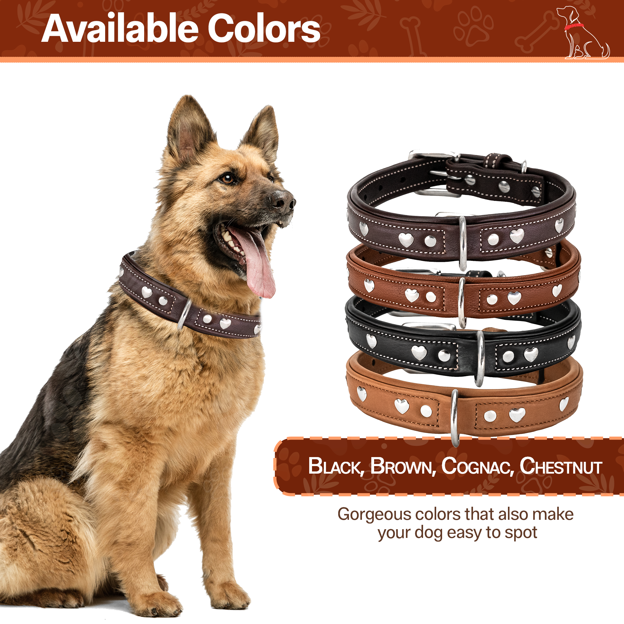 Adil'S Genuine Leather Heart Studded Dog Collar 1in Width, Neck Size: 12" to 26", Cognac Leather Dog Collar with Soft Padding, Sturdy & Strong D-Ring for leashes & ID Card
