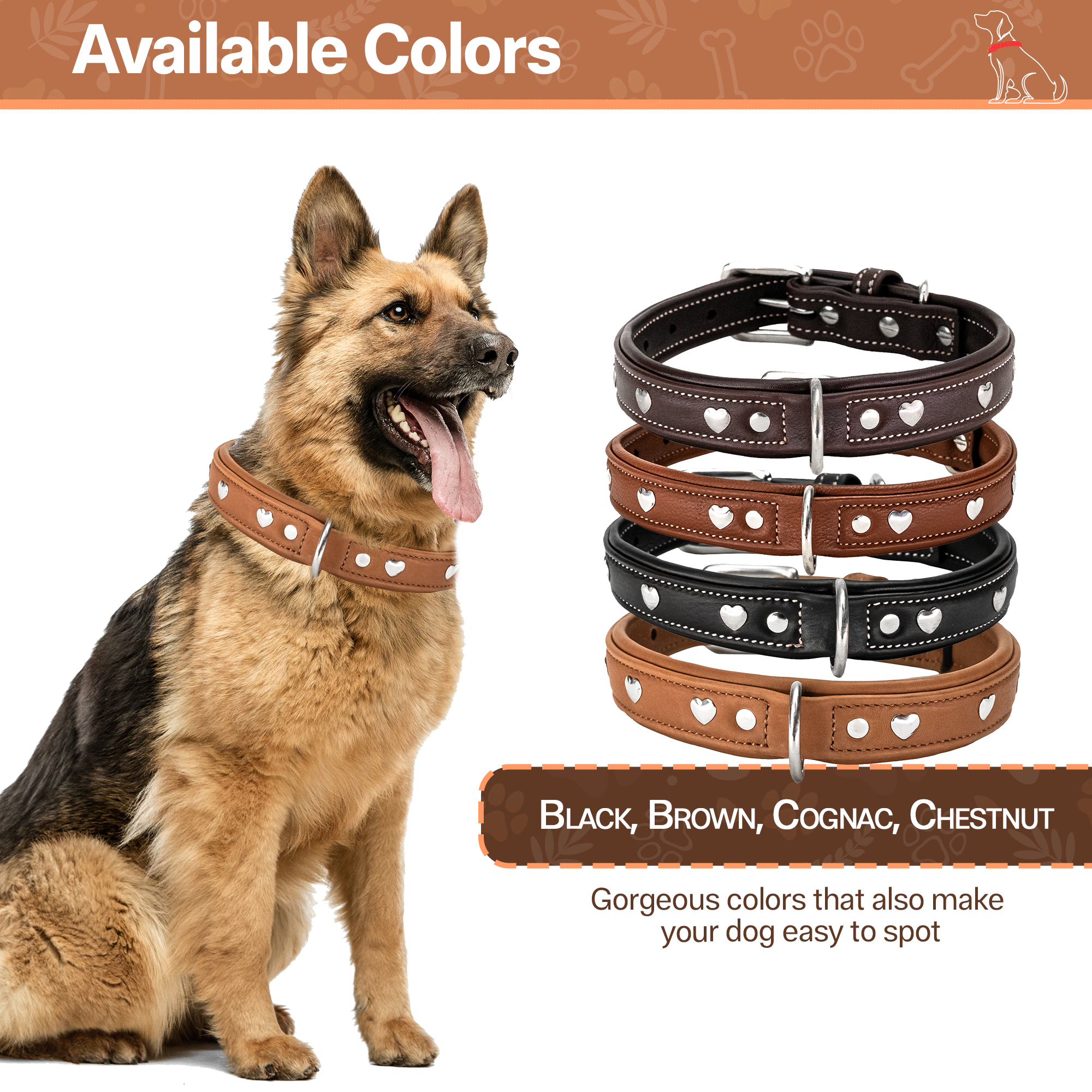 Adil'S Genuine Leather Heart Studded Dog Collar 1in Width, Neck Size: 12" to 26", Cognac Leather Dog Collar with Soft Padding, Sturdy & Strong D-Ring for leashes & ID Card