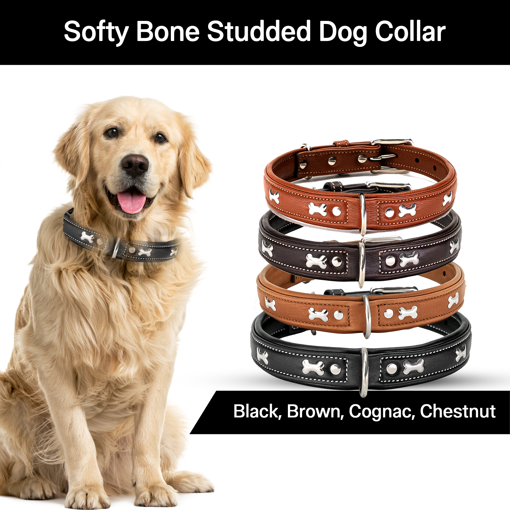 Adil's Metal Bone Studded Soft Leather Dog Collar - 1-Inch Adjustable with Strong Metal Buckle & D-Ring