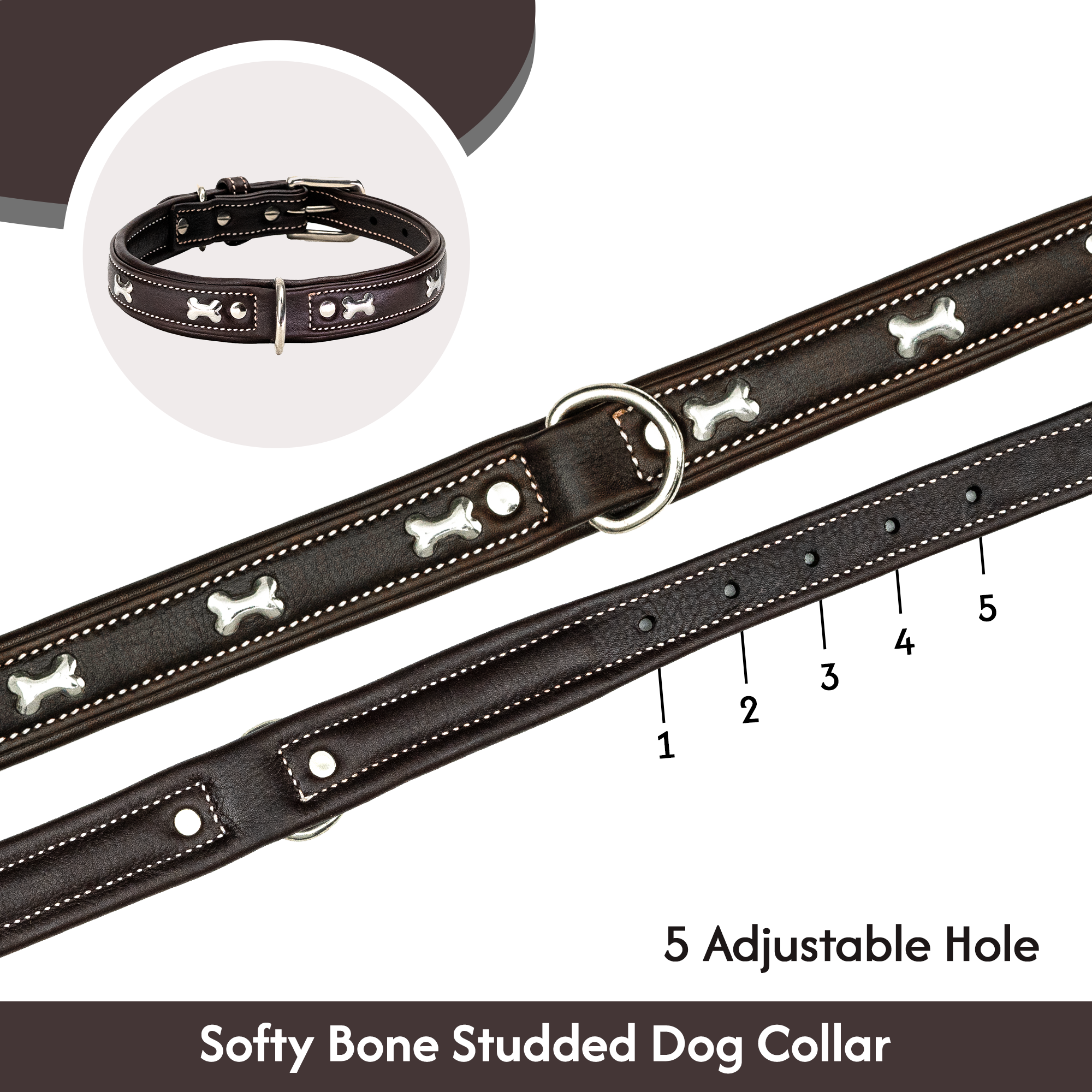 Adil's Metal Bone Studded Soft Leather Dog Collar - 1-Inch Adjustable with Strong Metal Buckle & D-Ring