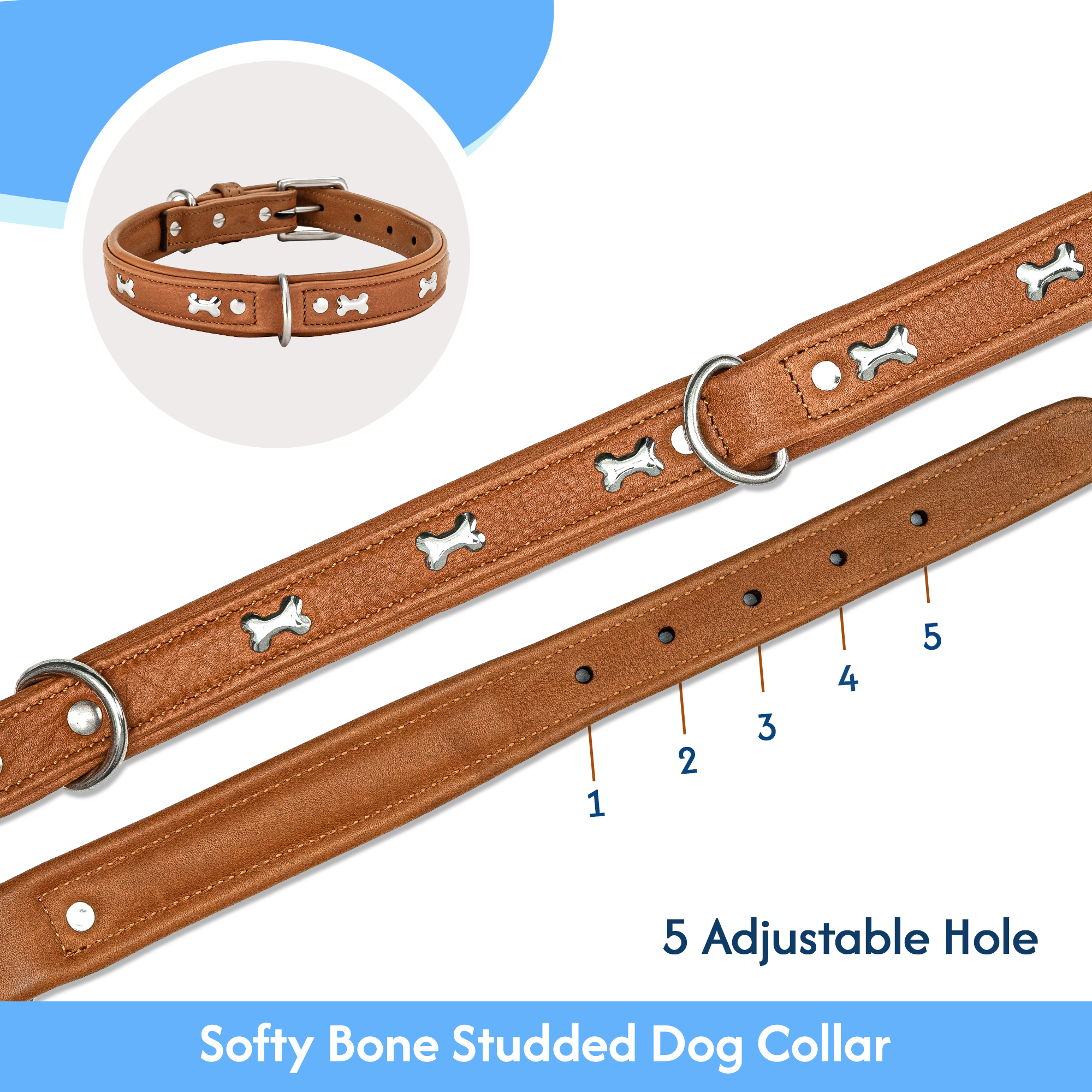 Adil's Metal Bone Studded Soft Leather Dog Collar - 1-Inch Adjustable with Strong Metal Buckle & D-Ring