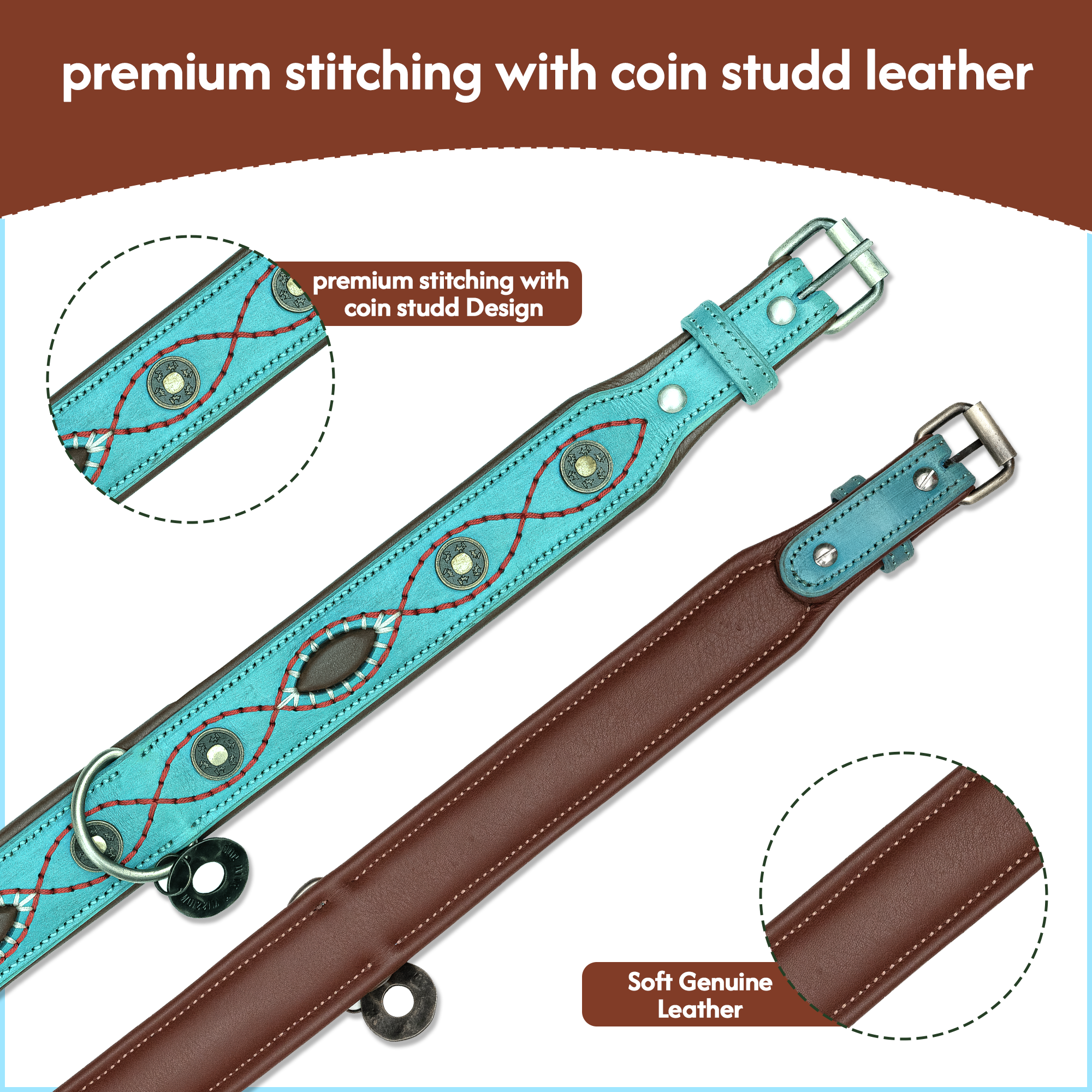 Coin Studded Leather Dog Collar – 1.5" wide, durable leather with premium stitching, metal buckle & D-ring. Fits small to large dogs.