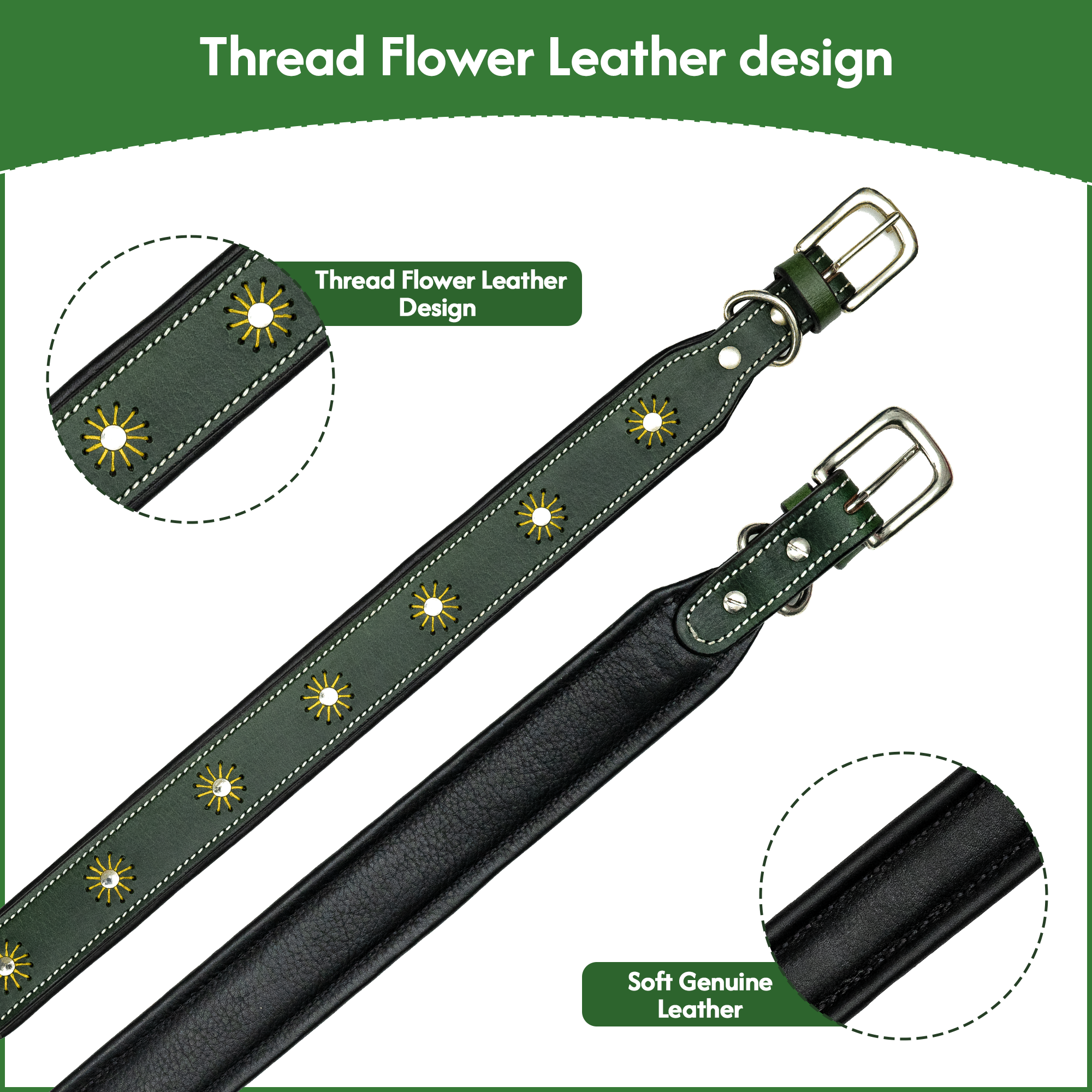 Adil’S Leather Dog Collar Thread Flower Design 1.5 width Adjustable Collars for Small Medium & Large Dogs, Made up Genuine Leather with Strong Metal Buckle
